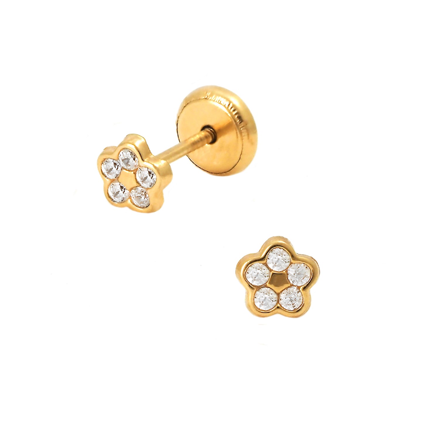 14K Yellow Gold Medium White CZ Pave Flower Stud Screwback Earrings