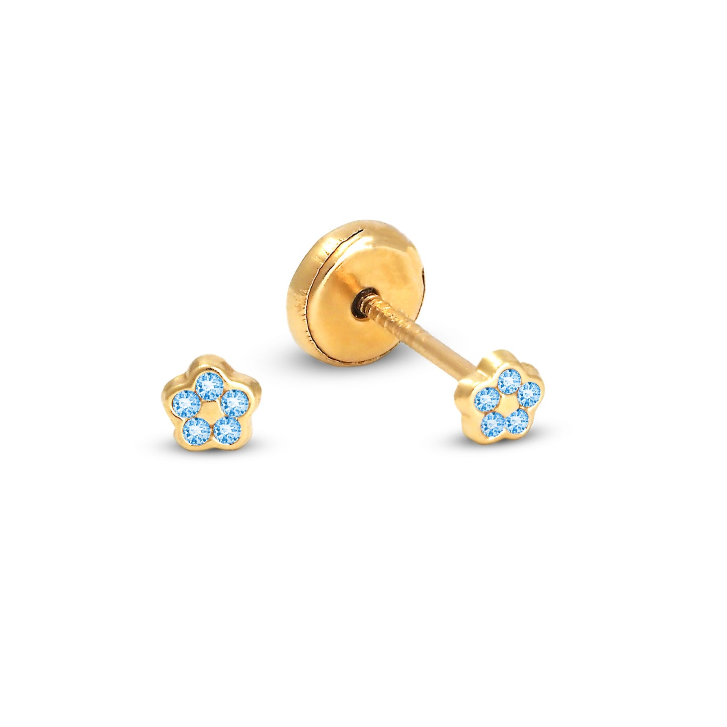 14K Yellow Gold Small Light Blue CZ Pave Flower Stud Screwback Earrings
