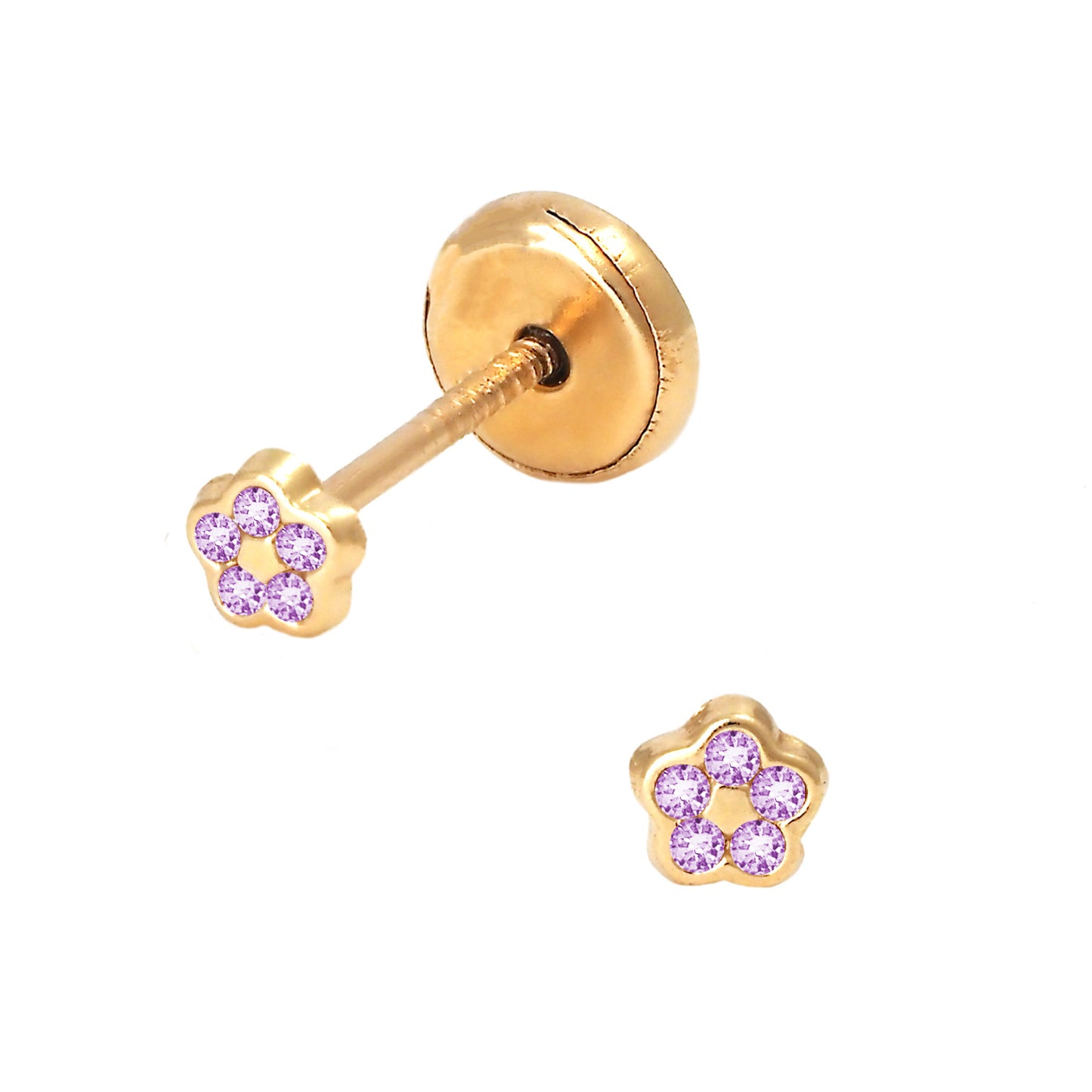 14K Yellow Gold Small Purple CZ Pave Flower Stud Screwback Earrings