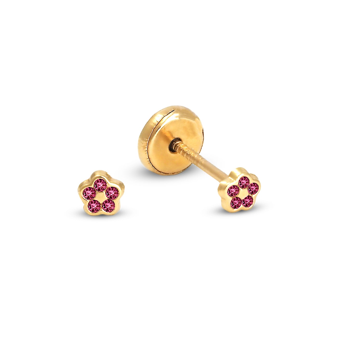 14K Yellow Gold Small Red CZ Pave Flower Stud Screwback Earrings