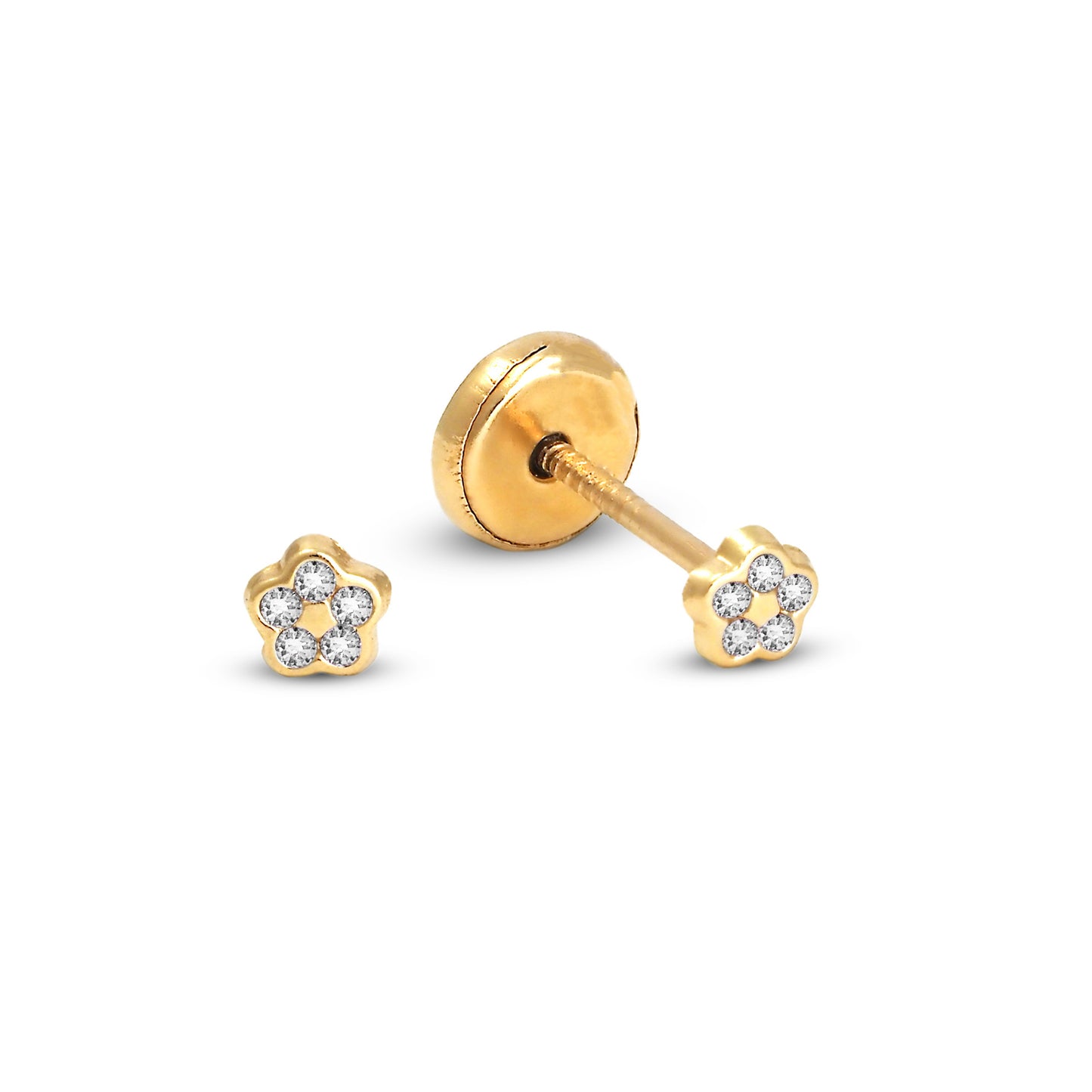 14K Yellow Gold Small White CZ Pave Flower Stud Screwback Earrings