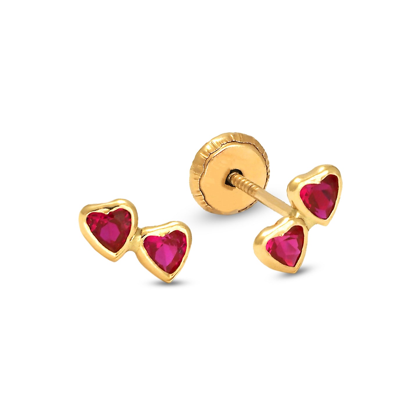 14K Yellow Gold Small Double Heart Red CZ Stud Screwback Earrings