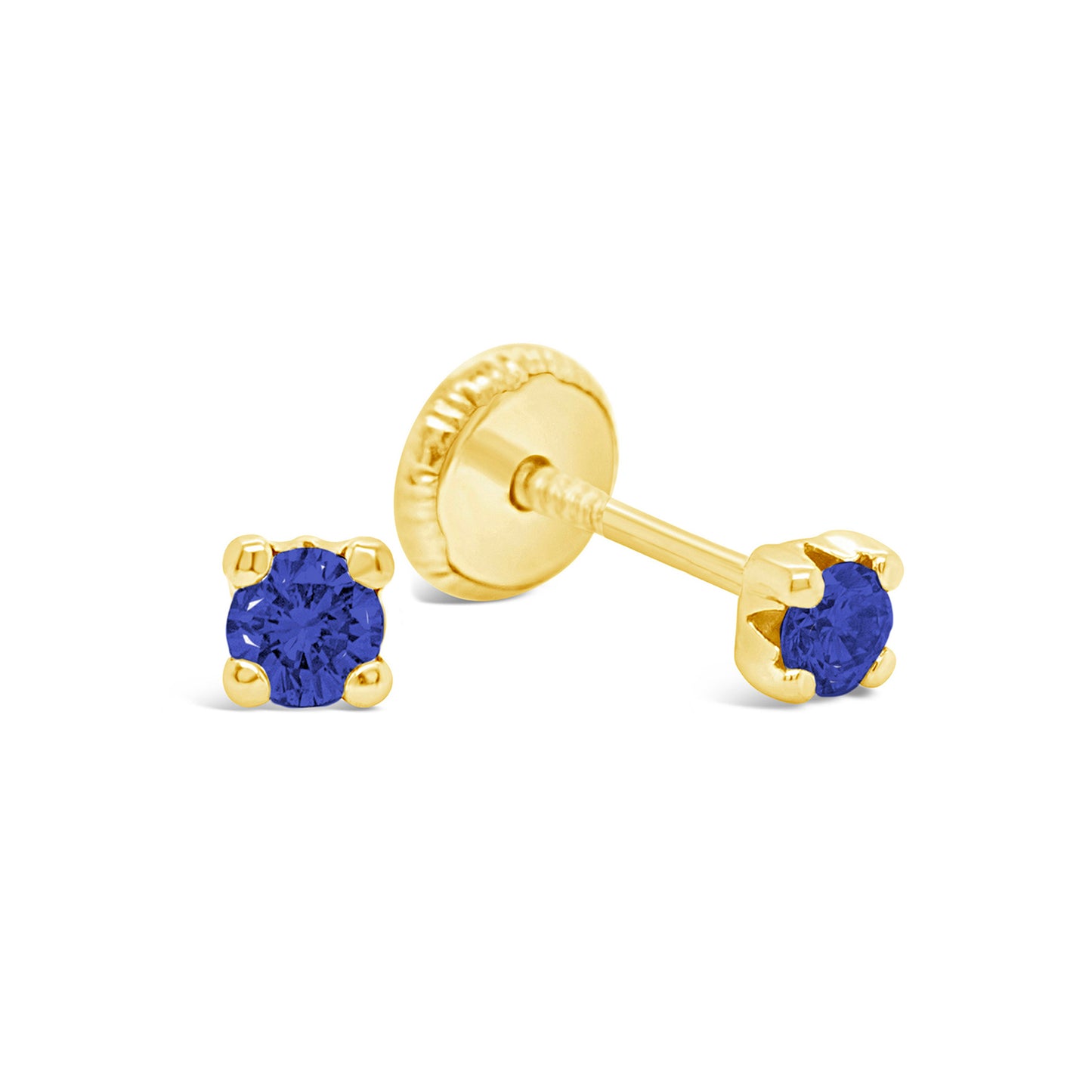 14K Yellow Gold 2MM Blue CZ Stud Screwback Earrings
