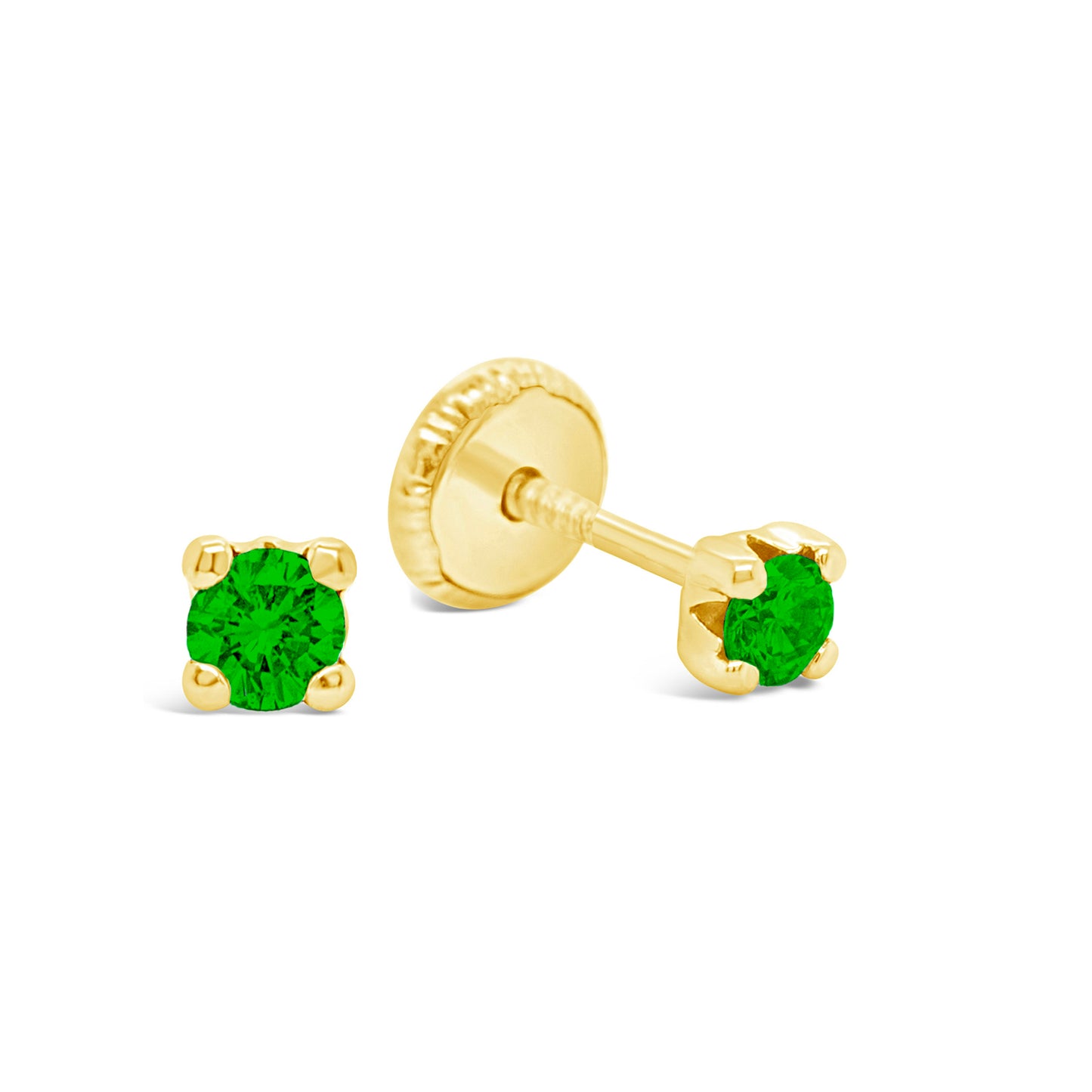 14K Yellow Gold 2MM Green CZ Stud Screwback Earrings