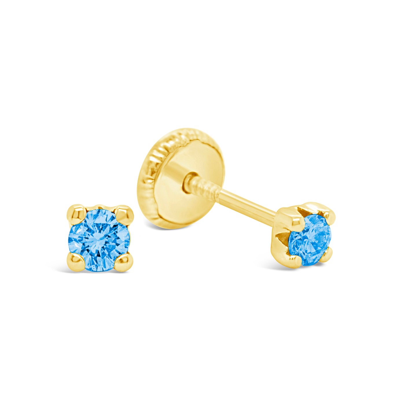 14K Yellow Gold 2MM Light Blue CZ Stud Screwback Earrings
