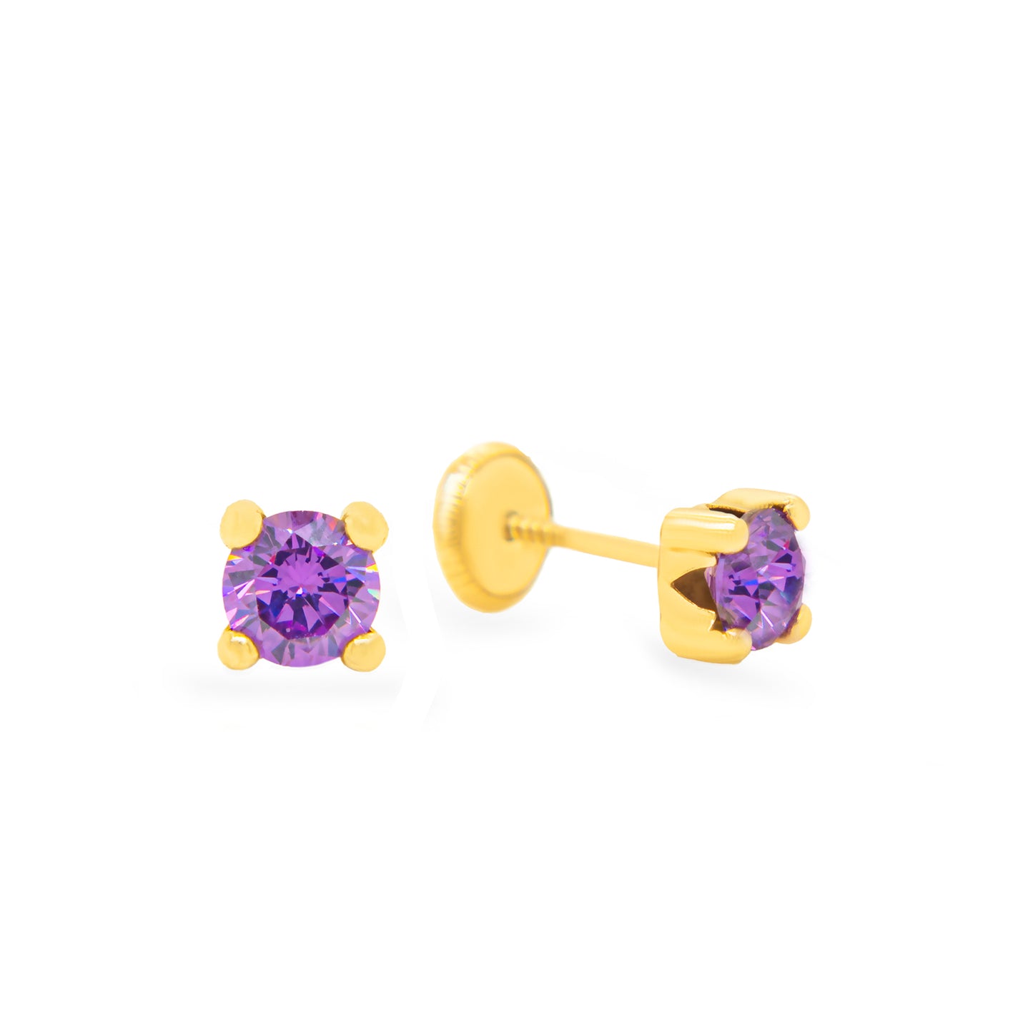 14K Yellow Gold 2MM Purple CZ Stud Screwback Earrings