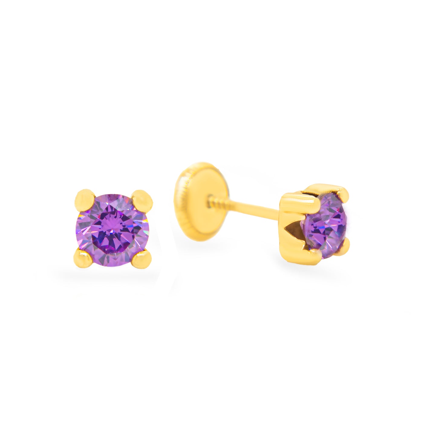 14K Yellow Gold 3MM Purple CZ Stud Screwback Earrings