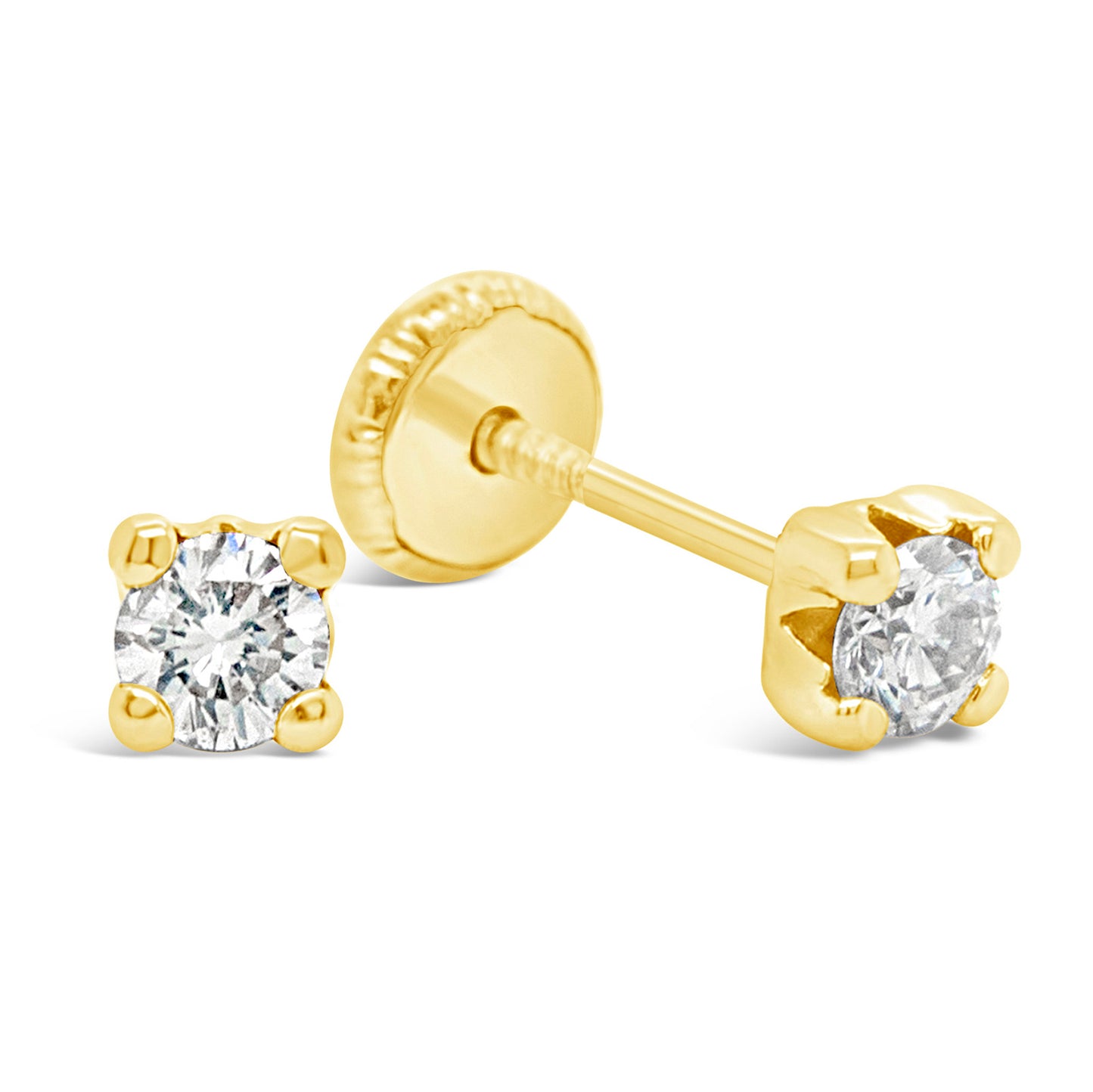 14K Yellow Gold 4MM White CZ Stud Screwback Earrings