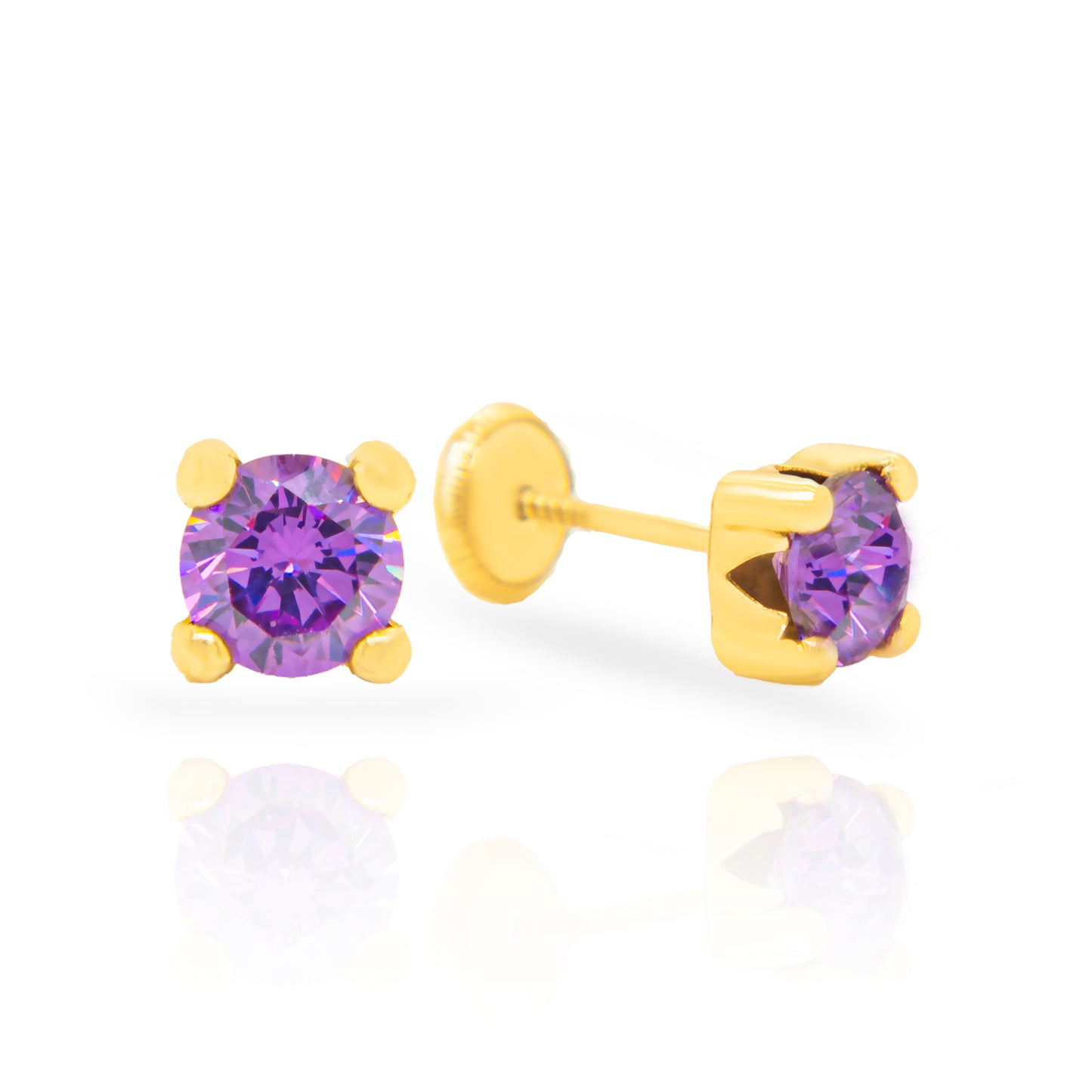 14K Yellow Gold 5MM Purple CZ Stud Screwback Earrings