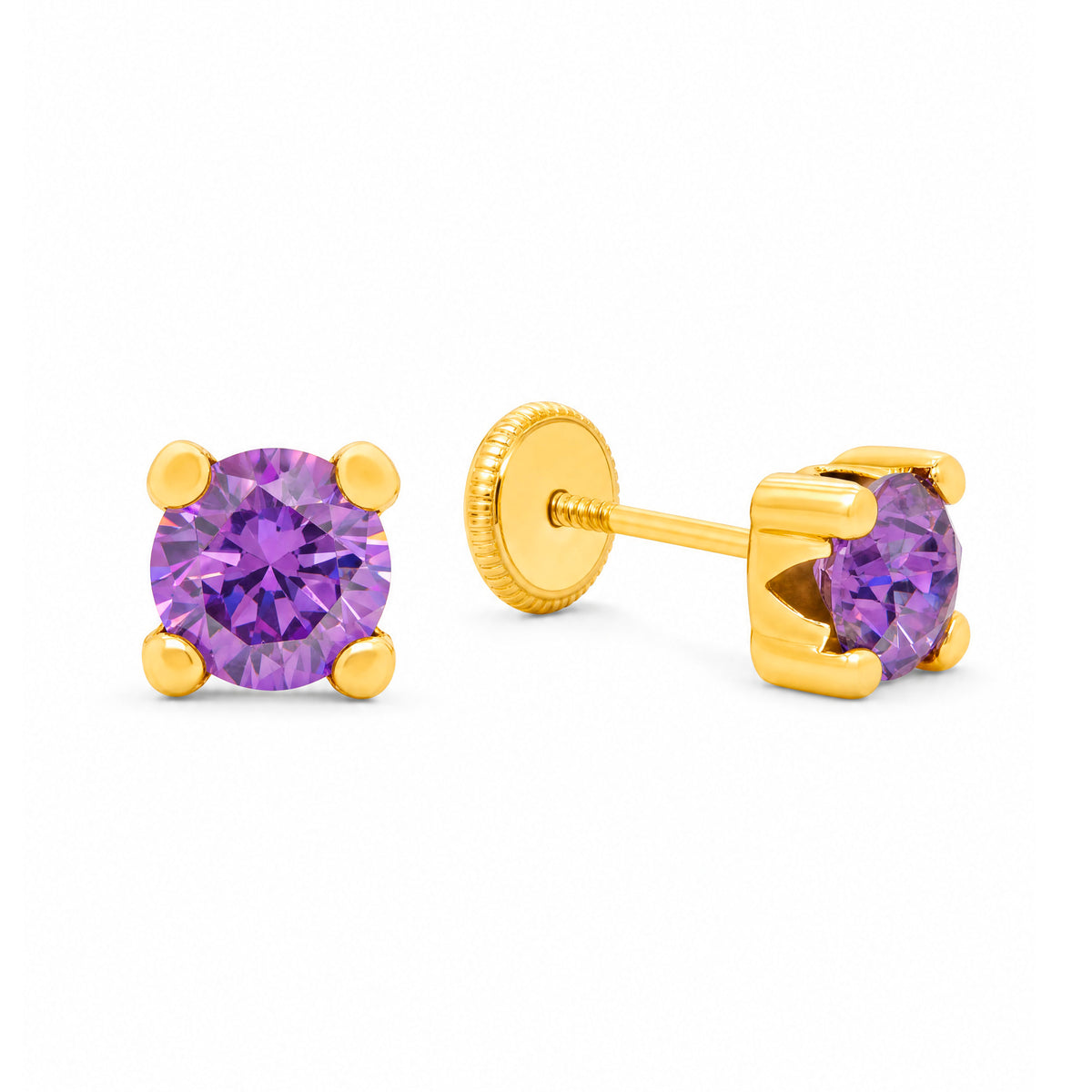14K Yellow Gold 5MM Purple CZ Stud Screwback Earrings