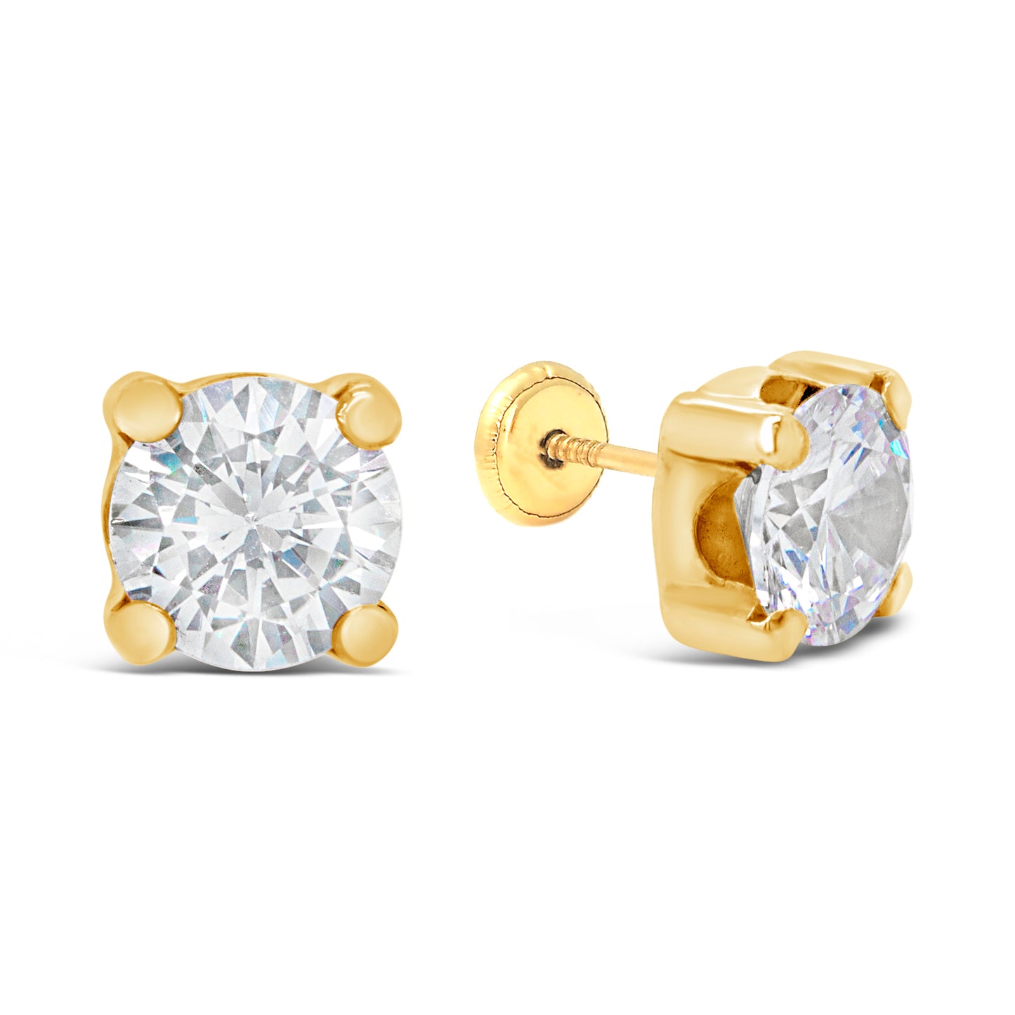 14K Yellow Gold 8MM White CZ Stud Pushback Earrings