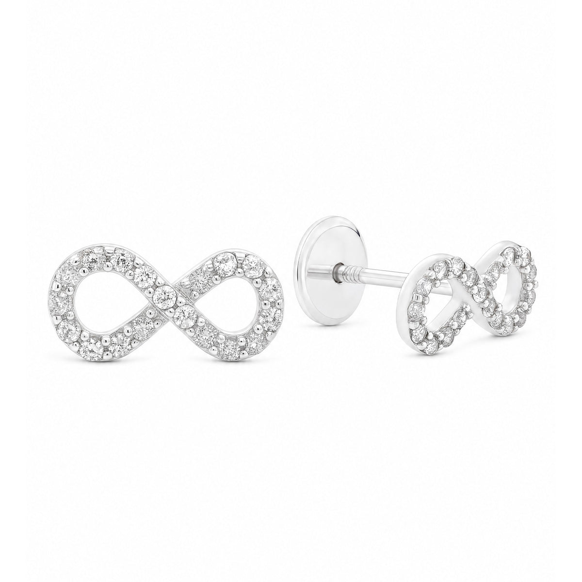 14K White Gold White CZ Pave Infinity Stud Screwback Earrings