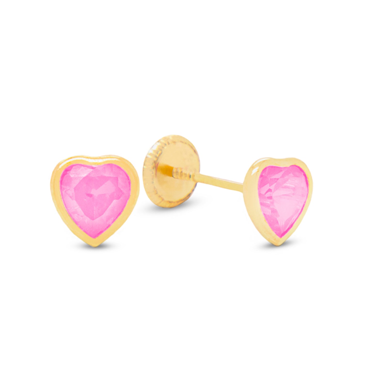 14K Yellow Gold Large Bezel-Set Heart Pink CZ Stud Screwback Earrings