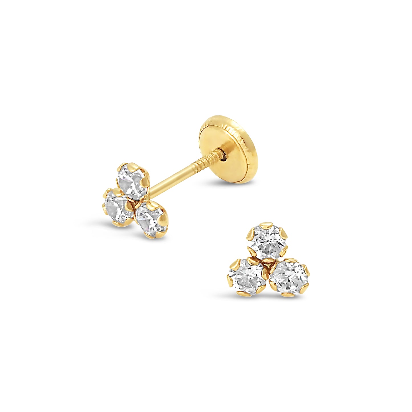 14K Yellow Gold 3-Stone CZ Triangle Cluster Stud Screwback Earrings