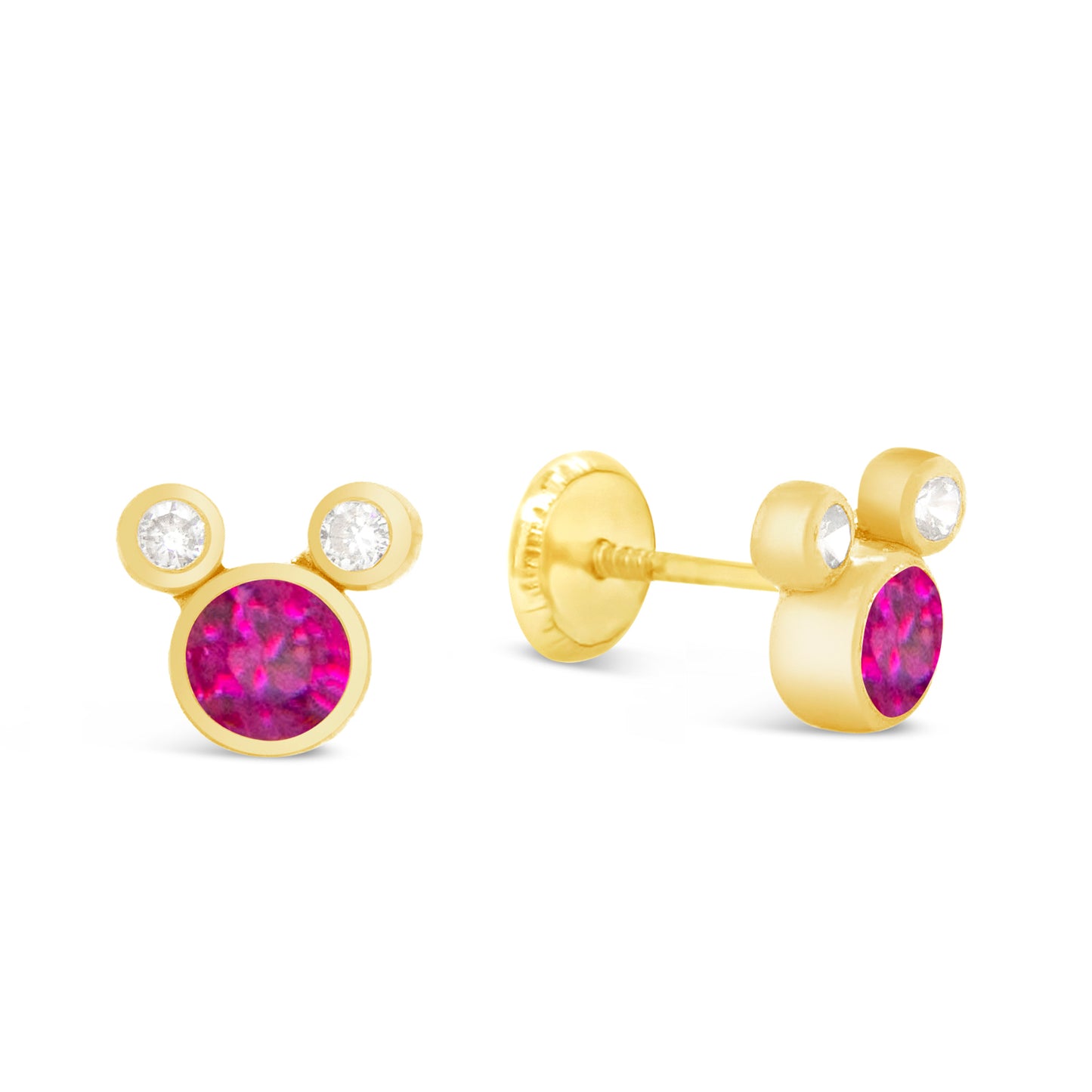 14K Yellow Gold Small Mouse Shape White & Red CZ Stud Screwback Earrings