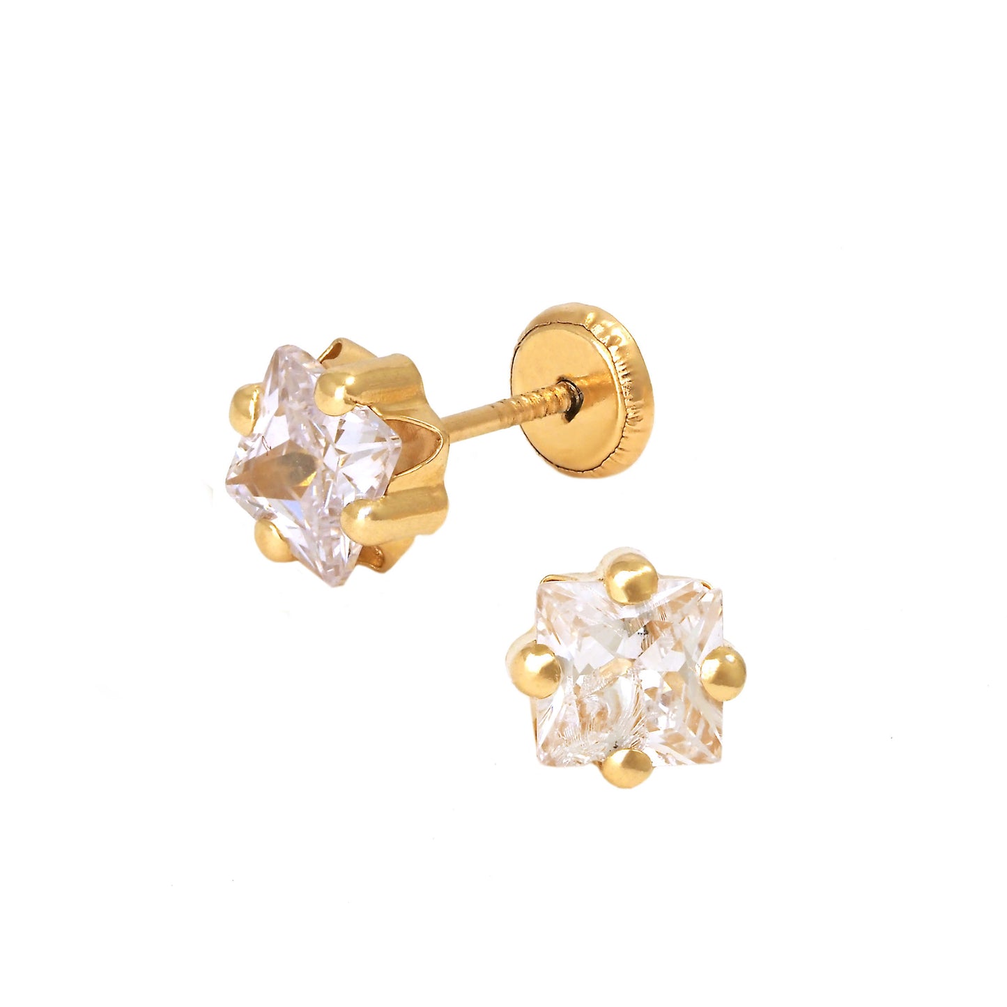 14K Yellow Gold 5MM White CZ Flower Stud Screwback Earrings