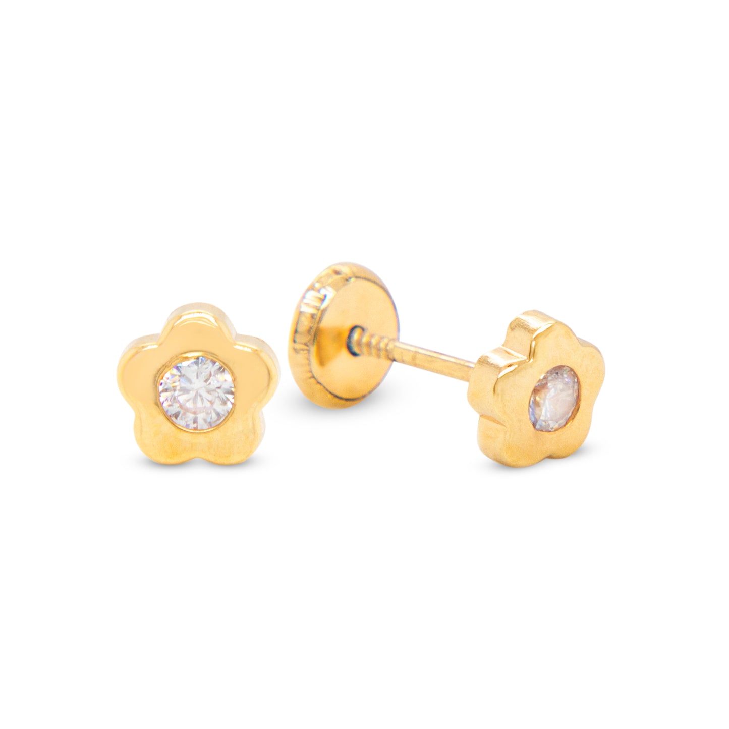 14K Yellow Gold Small Round CZ Petal-Frame Stud Screwback Earrings
