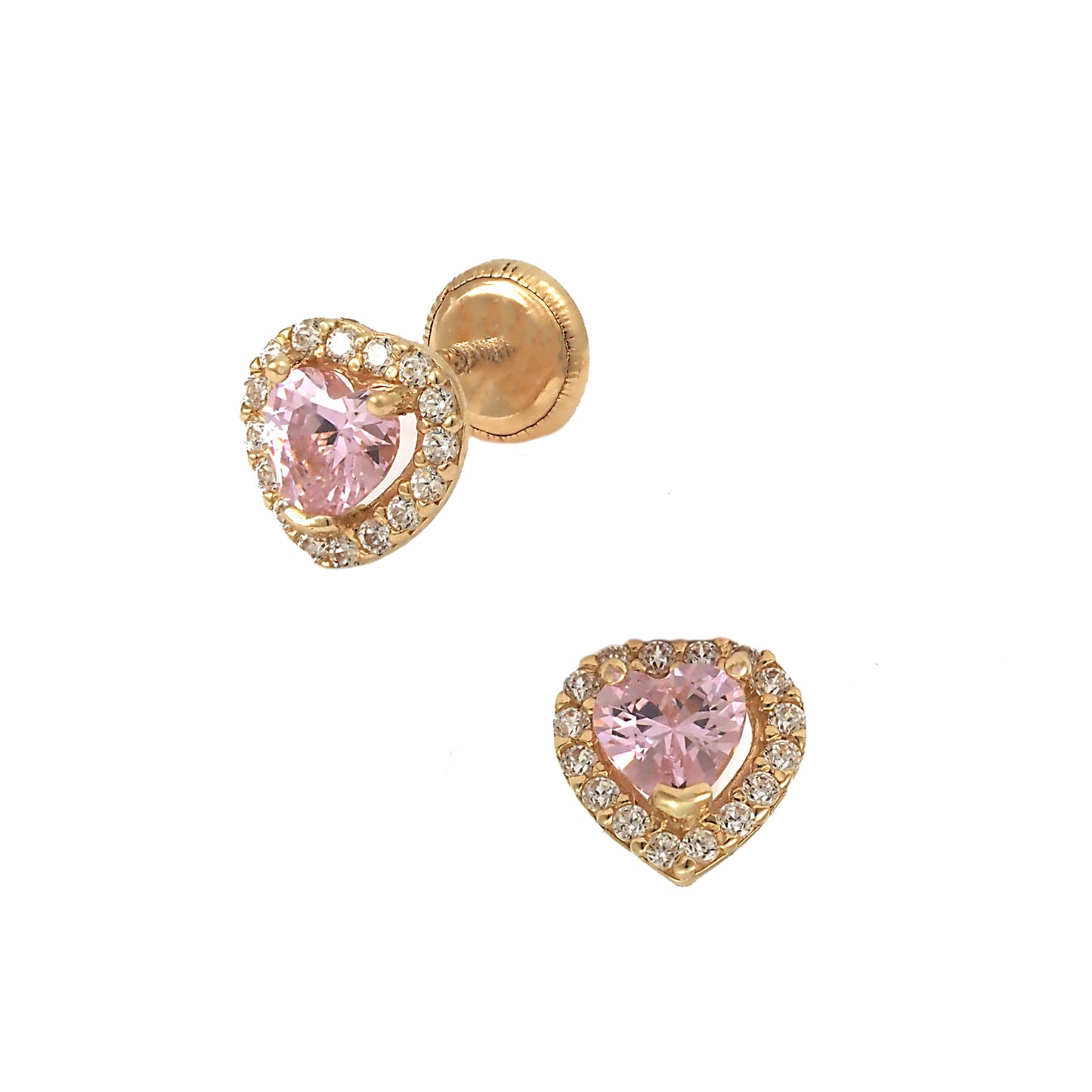 14K Yellow Gold Medium Pink CZ Heart Halo Stud Screwback Earrings