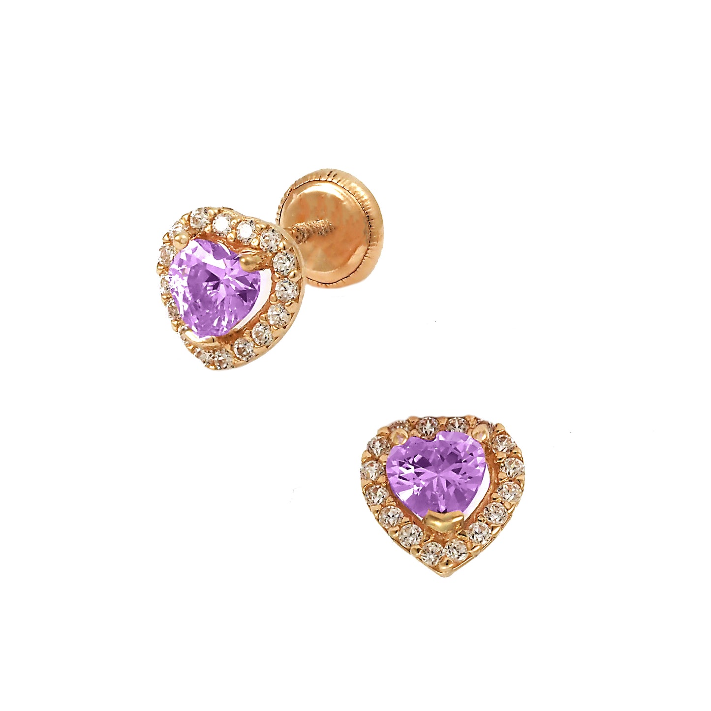 14K Yellow Gold Medium Purple CZ Heart Halo Stud Screwback Earrings