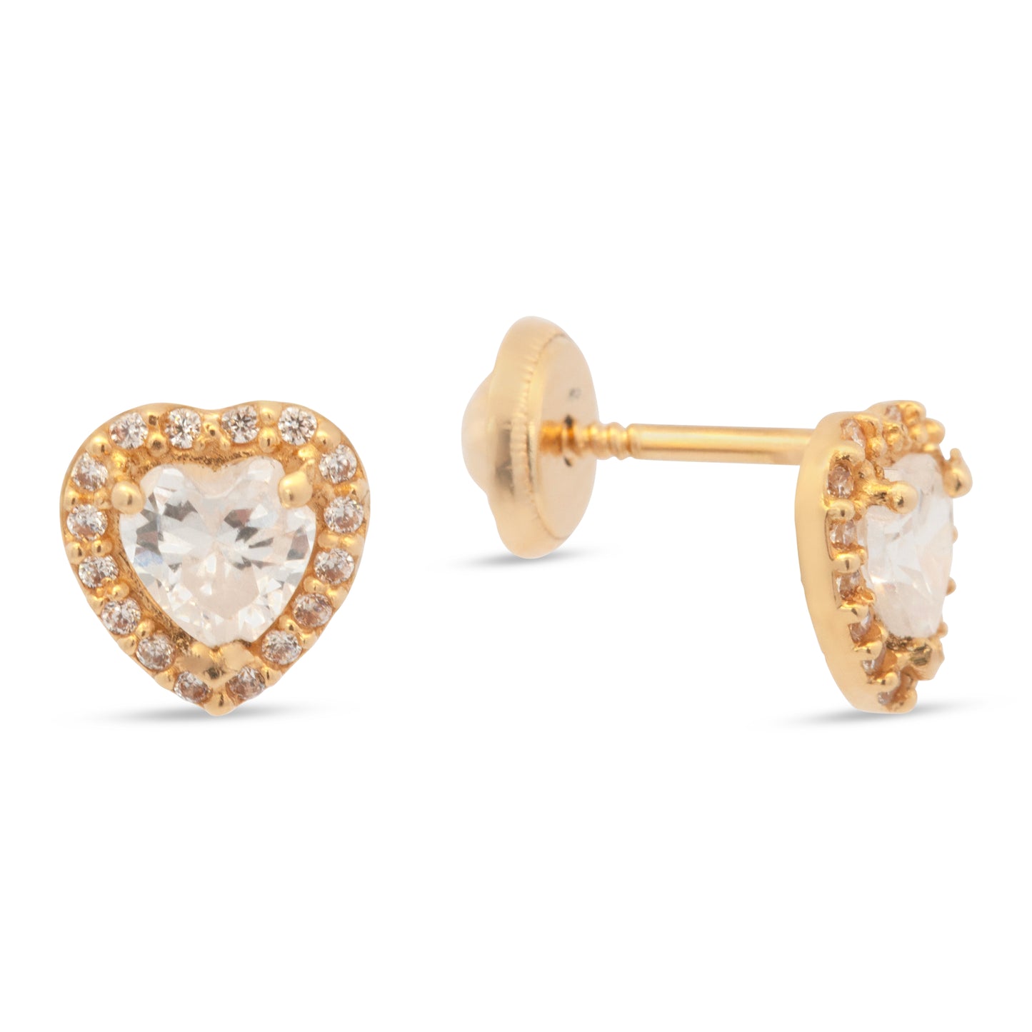 14K Yellow Gold Medium White CZ Heart Halo Stud Screwback Earrings