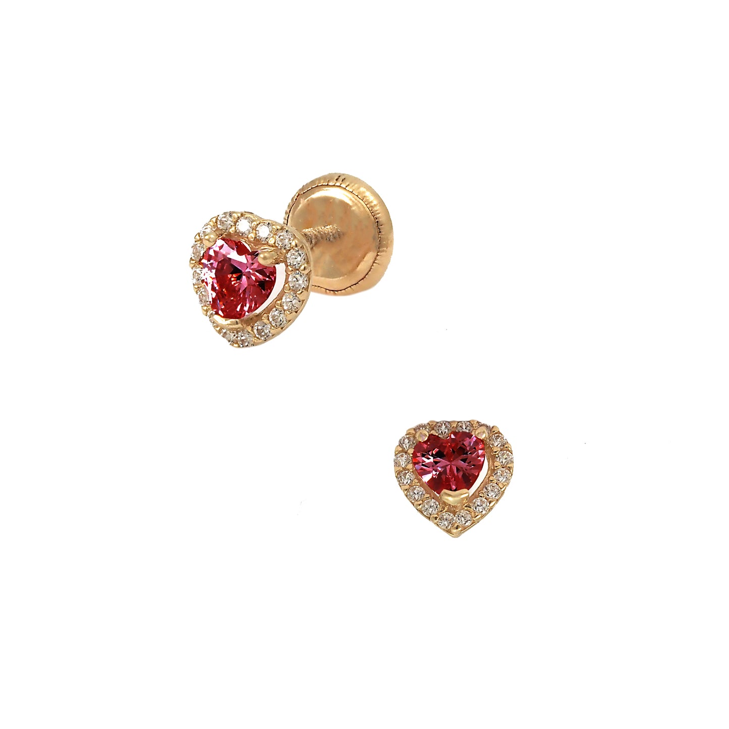 14K Yellow Gold Small Red CZ Heart Halo Stud Screwback Earrings