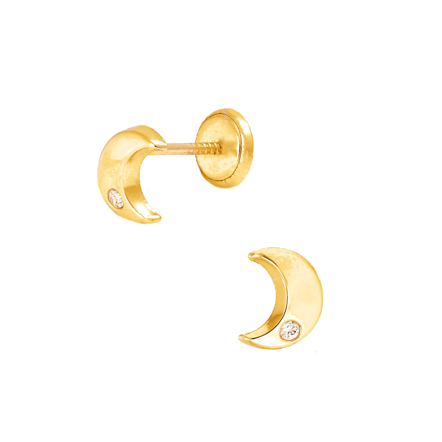 14K Yellow Gold Polish Crescent Moon and CZ on Top Stud Screwback Earrings