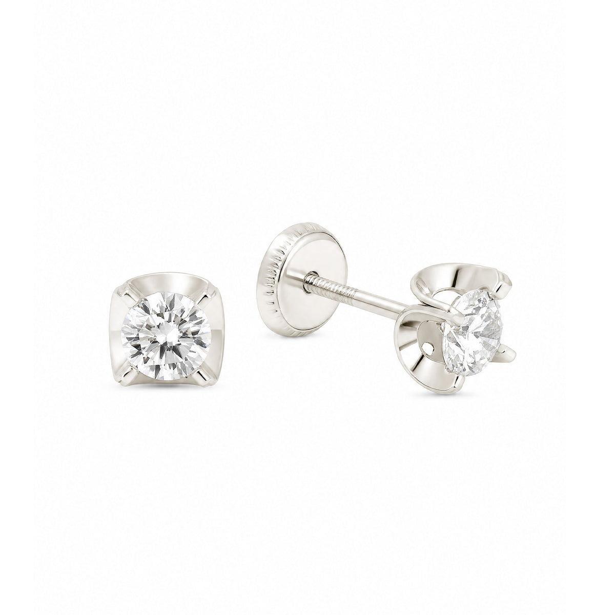 14K White Gold 3MM White CZ Wavy Bezel Stud Screwback Earrings