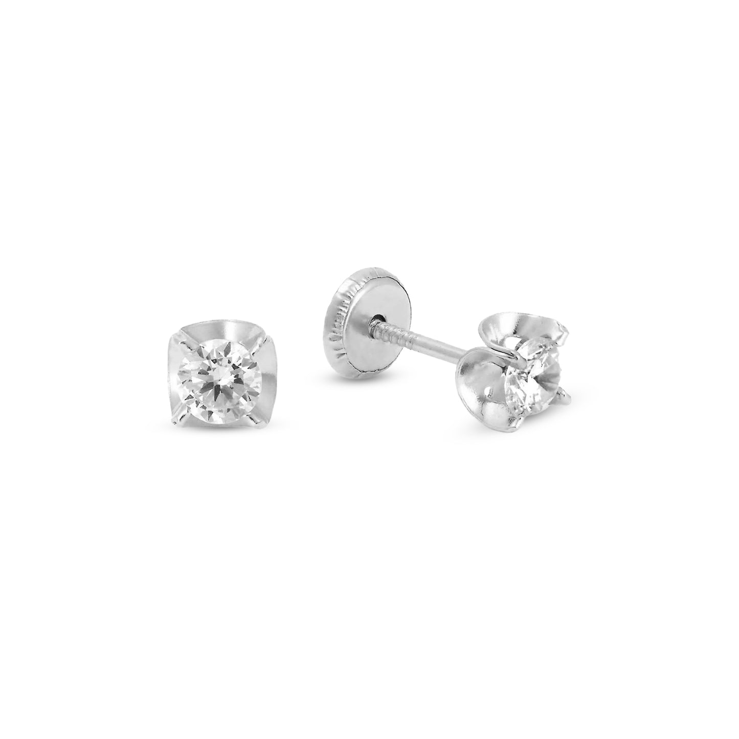 14K White Gold 3MM White CZ Wavy Bezel Stud Screwback Earrings