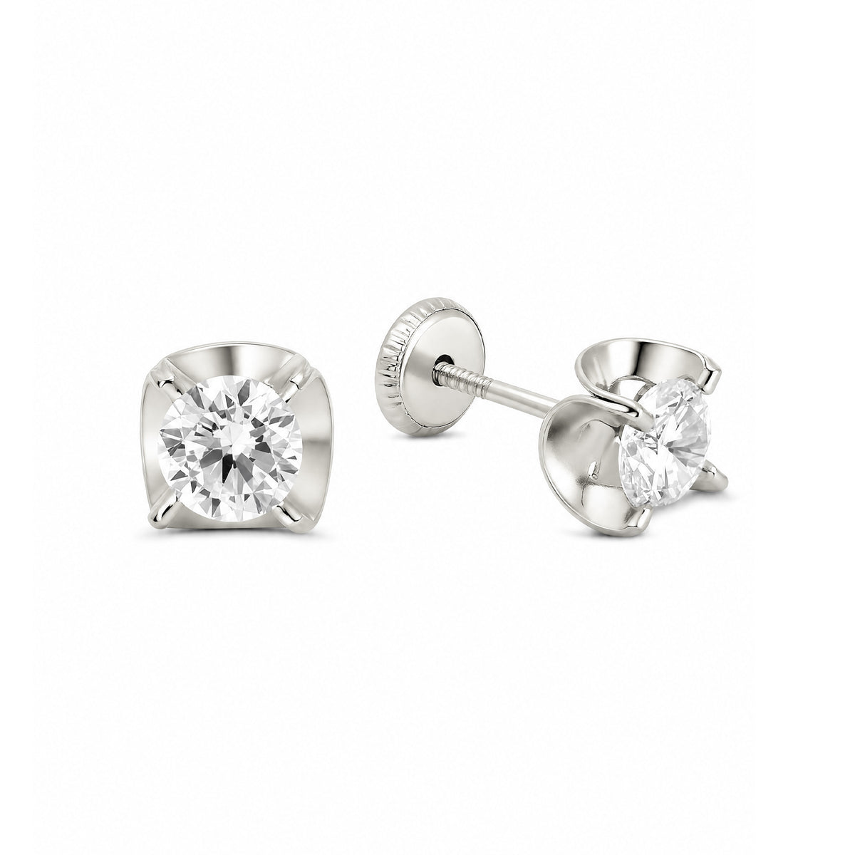 14K White Gold 5MM White CZ Wavy Bezel Stud Screwback Earrings