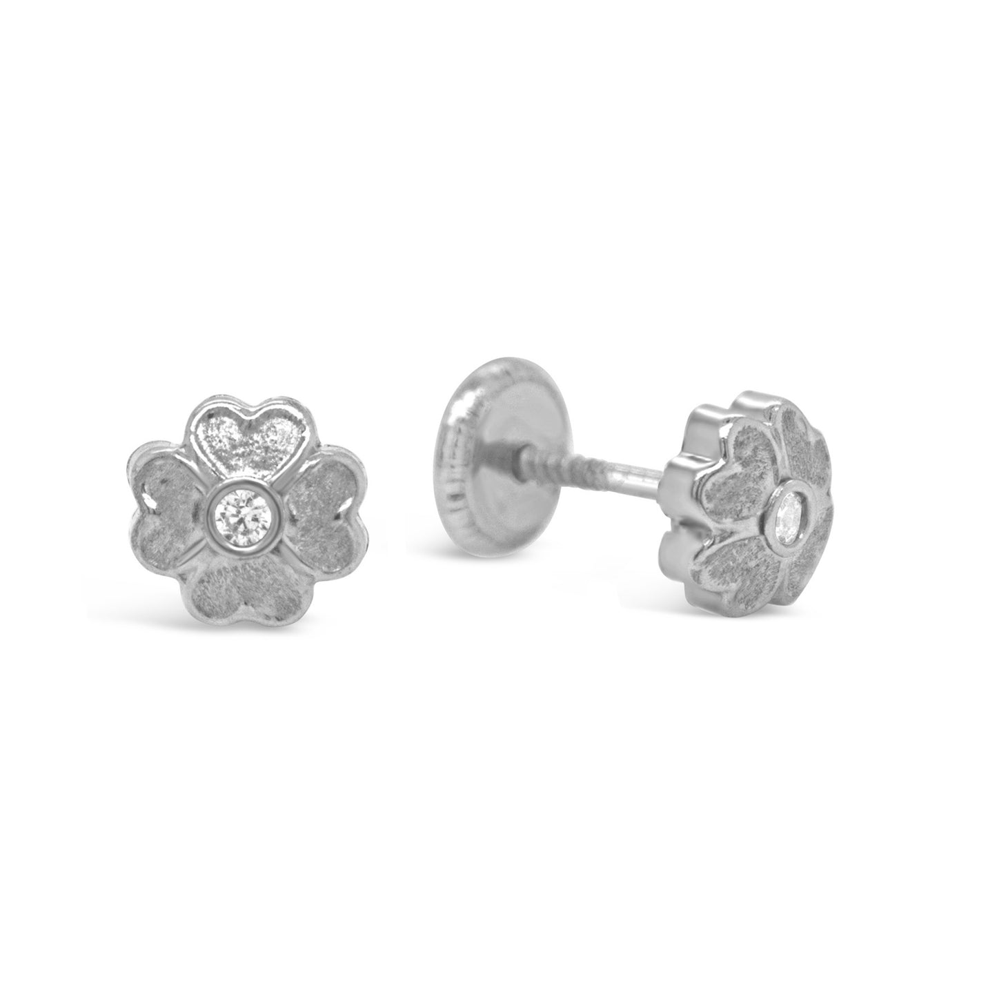 14K White Gold Small Textured Flower with CZ Center Stud Screwback Earrings