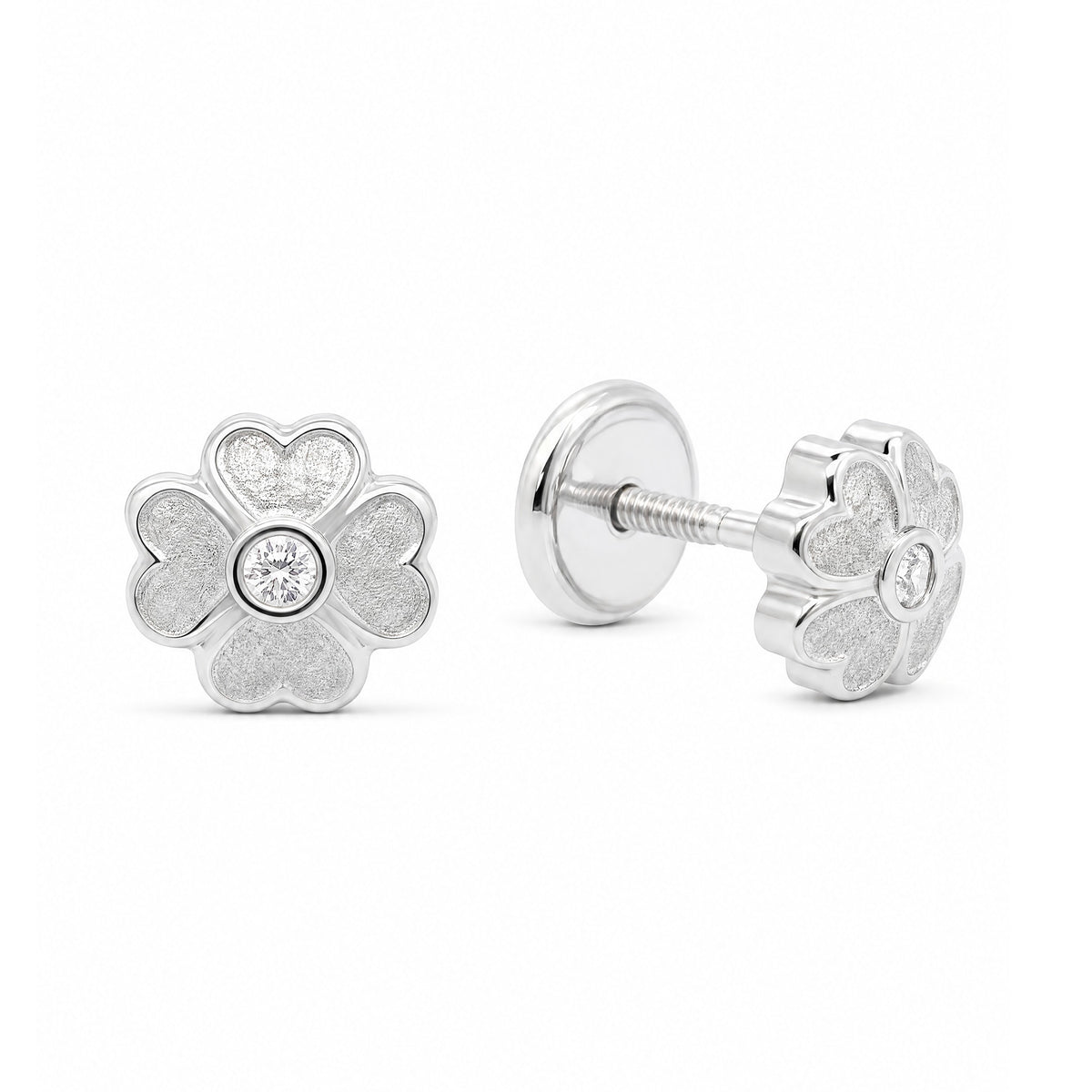 14K White Gold Small Textured Flower with CZ Center Stud Screwback Earrings