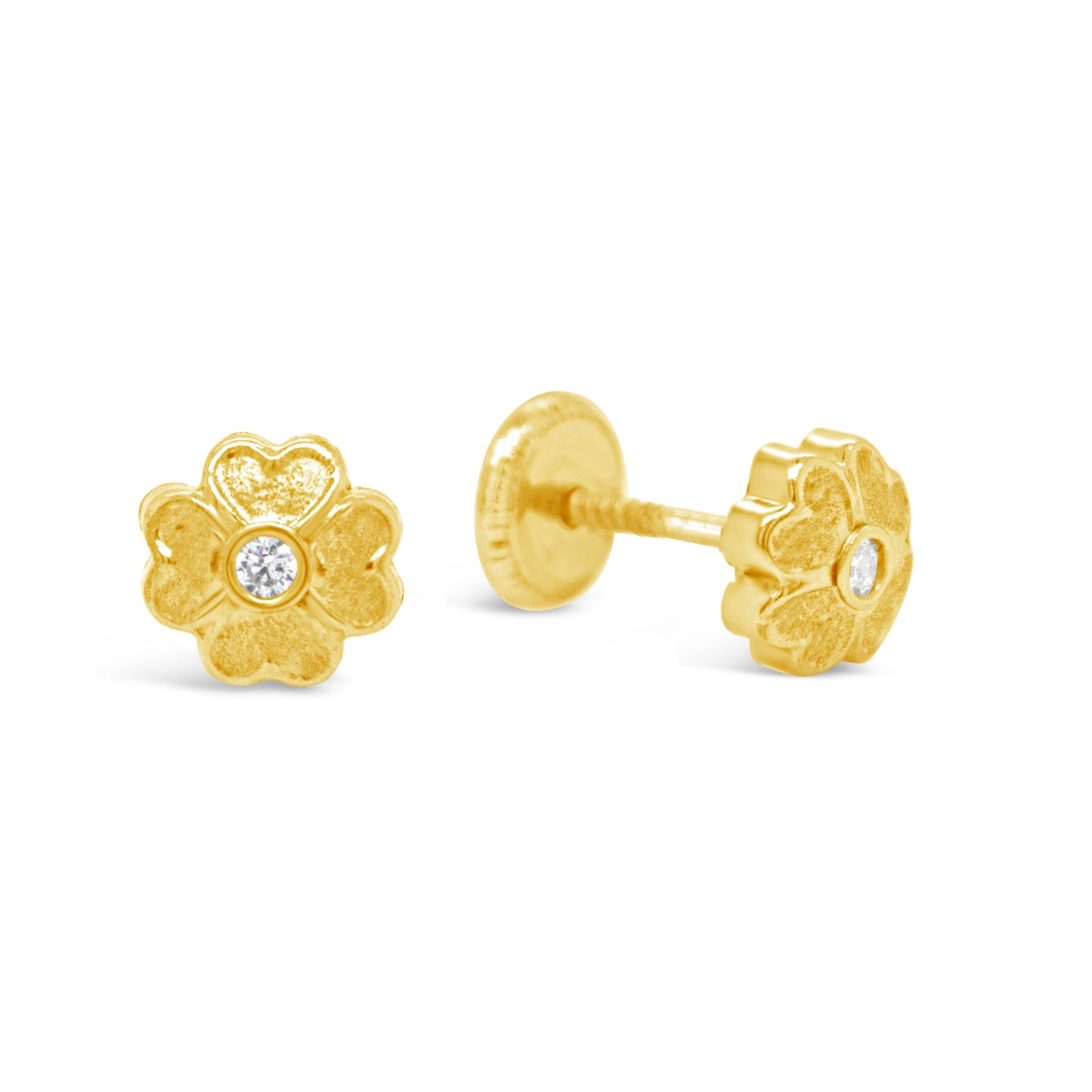 14K Yellow Gold Small Textured Flower with CZ Center Stud Screwback Earrings