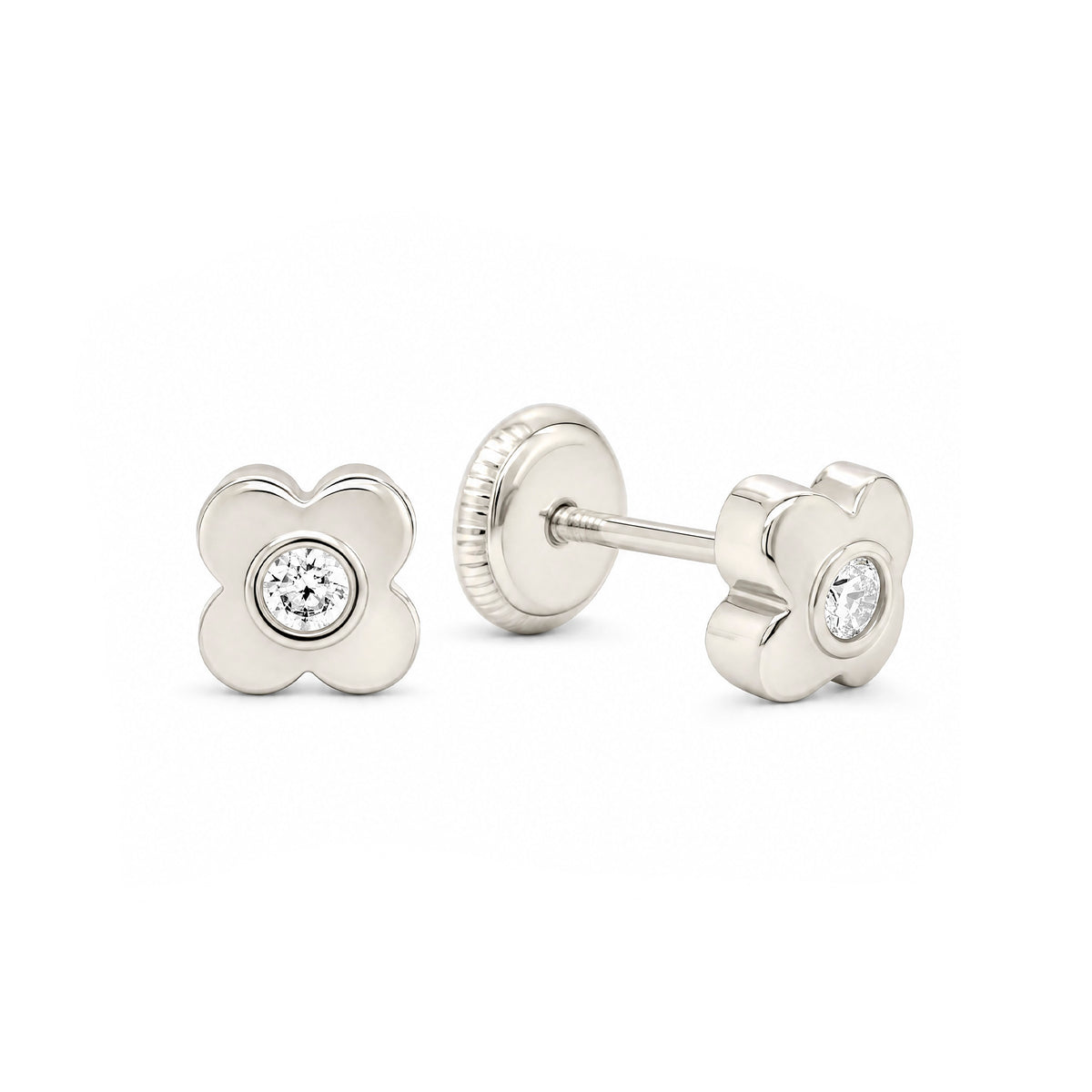 14K White Gold Small Bubble Flower with Soulitaire CZ Center Stud Screwback Earrings