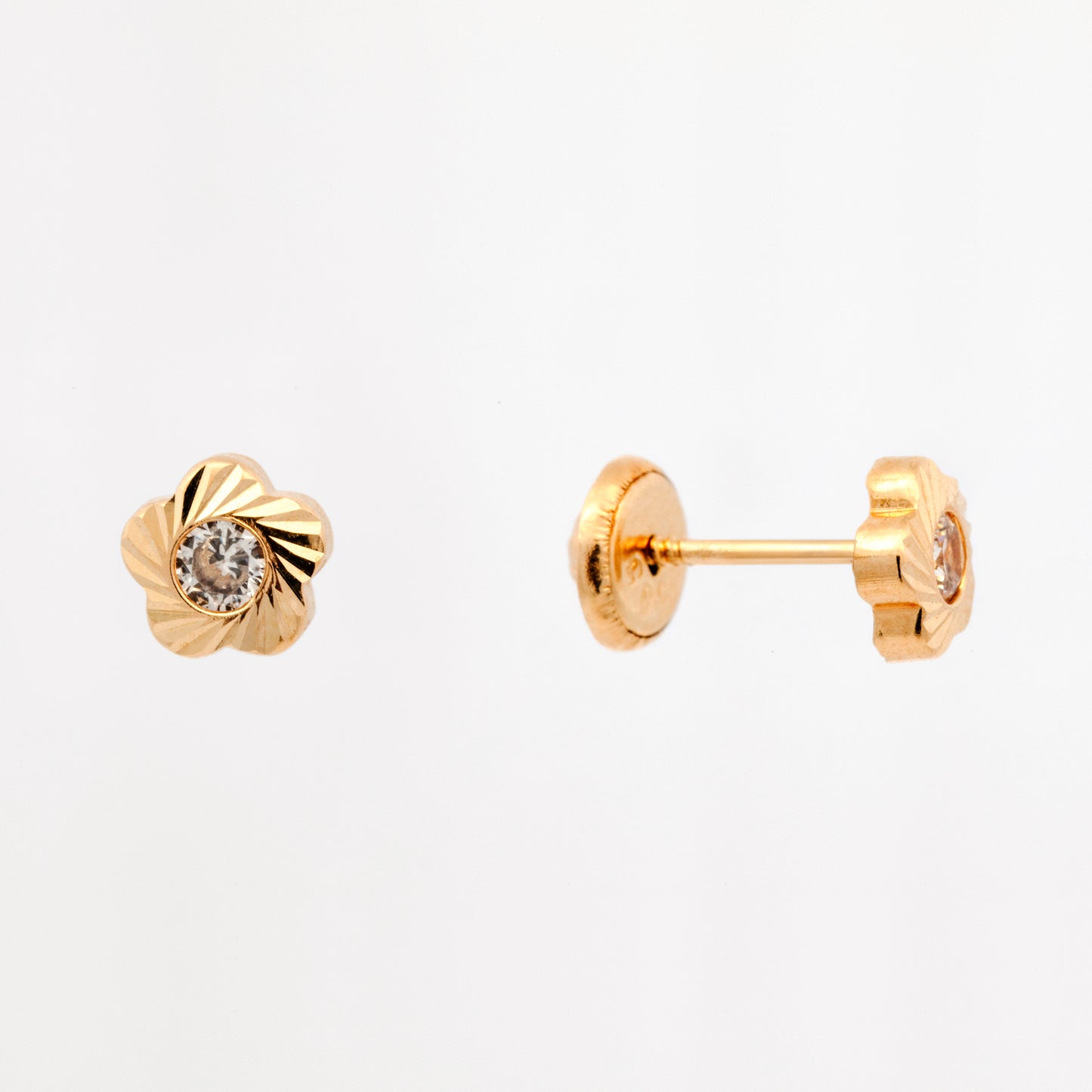 14K Yellow Gold Small Diamond Cut Petals Flower and CZ on Center