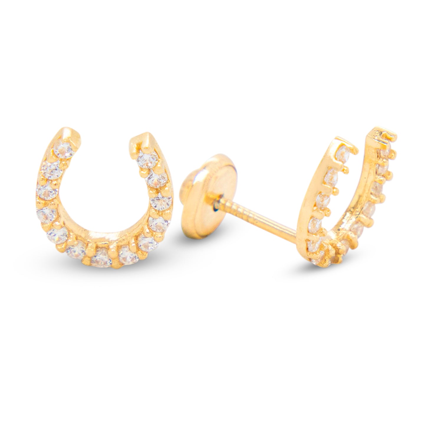 14K Yellow Gold Medium Horseshoe Pave White CZ Stud Screwback Earrings