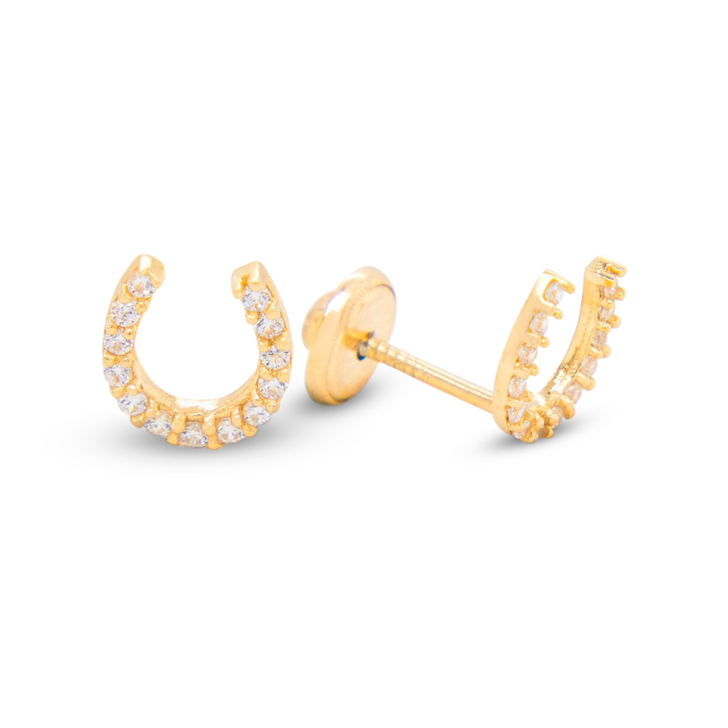 14K Yellow Gold Small Horseshoe Pave White CZ Stud Screwback Earrings