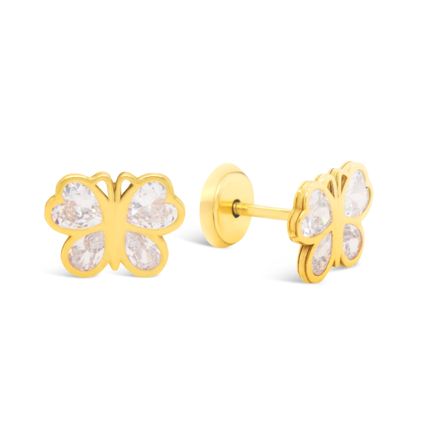14K Yellow Gold Radiant Heart Butterfly with White CZ Accents Stud Earrings