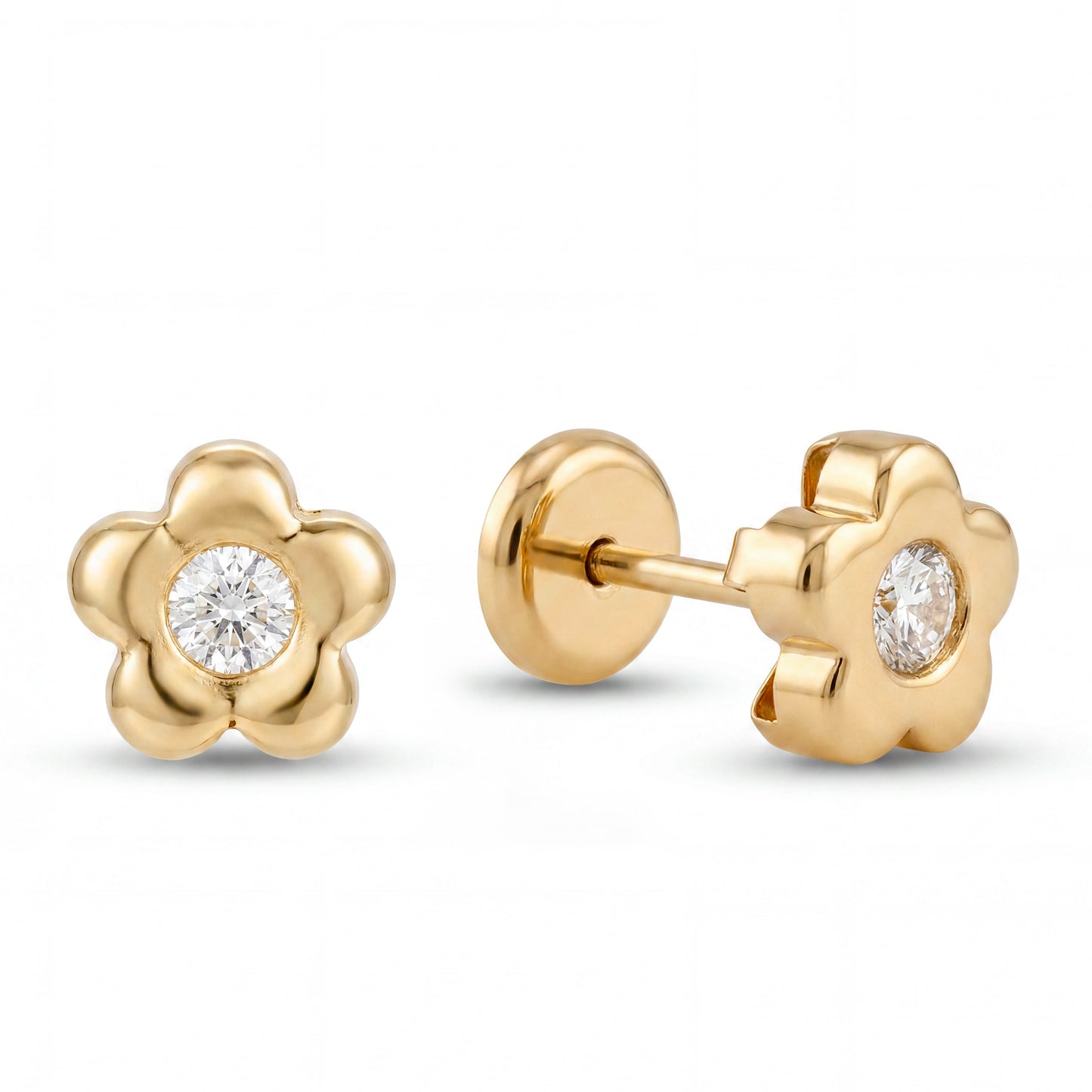 14K Yellow Gold Medium Flower with CZ on Center Stud Screwback Earring