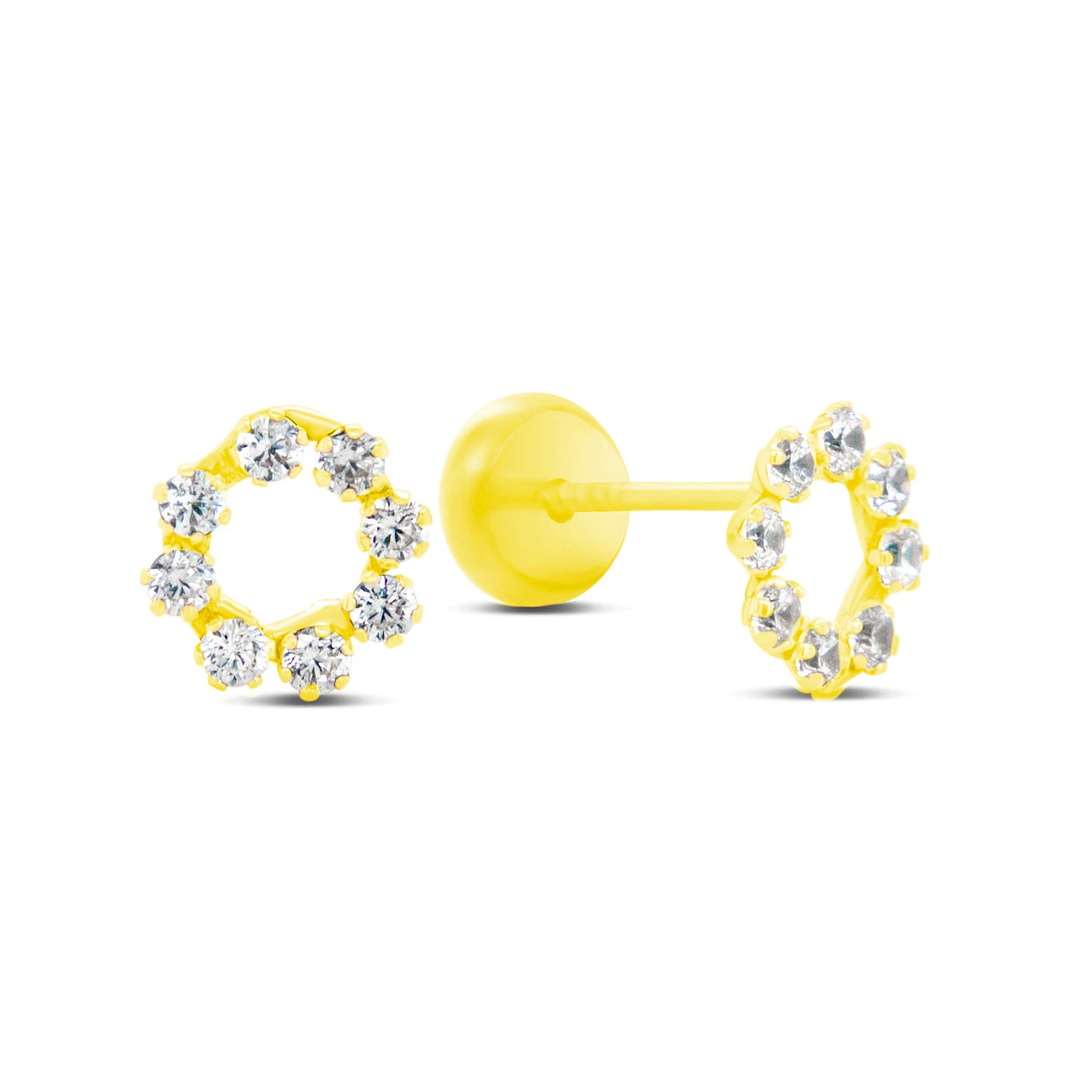 14K Yellow Gold Radiant Open Circle White CZ Stud Screwback Earrings