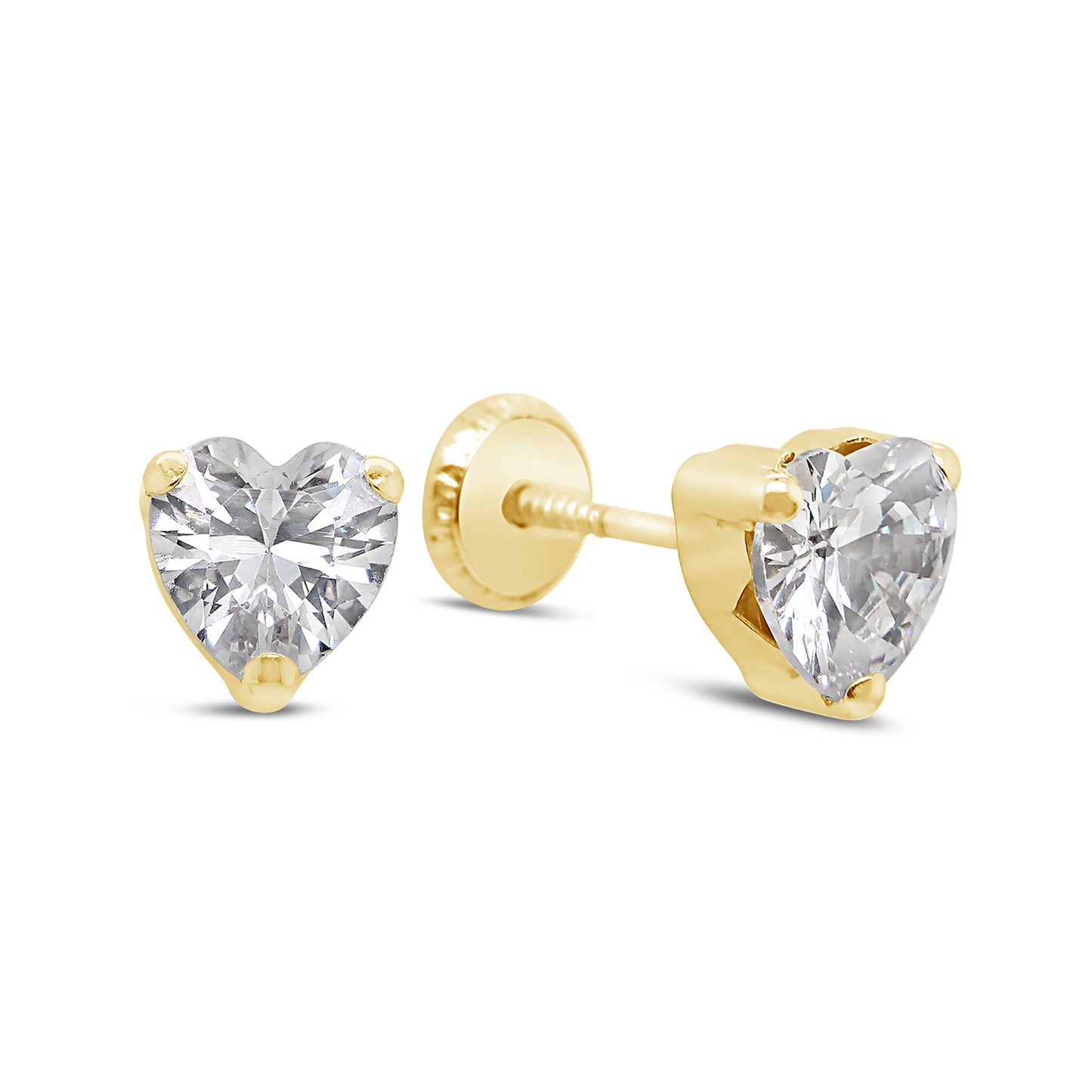 14K Yellow Gold Large White Heart CZ Prong-Set Stud Screwback Earrings