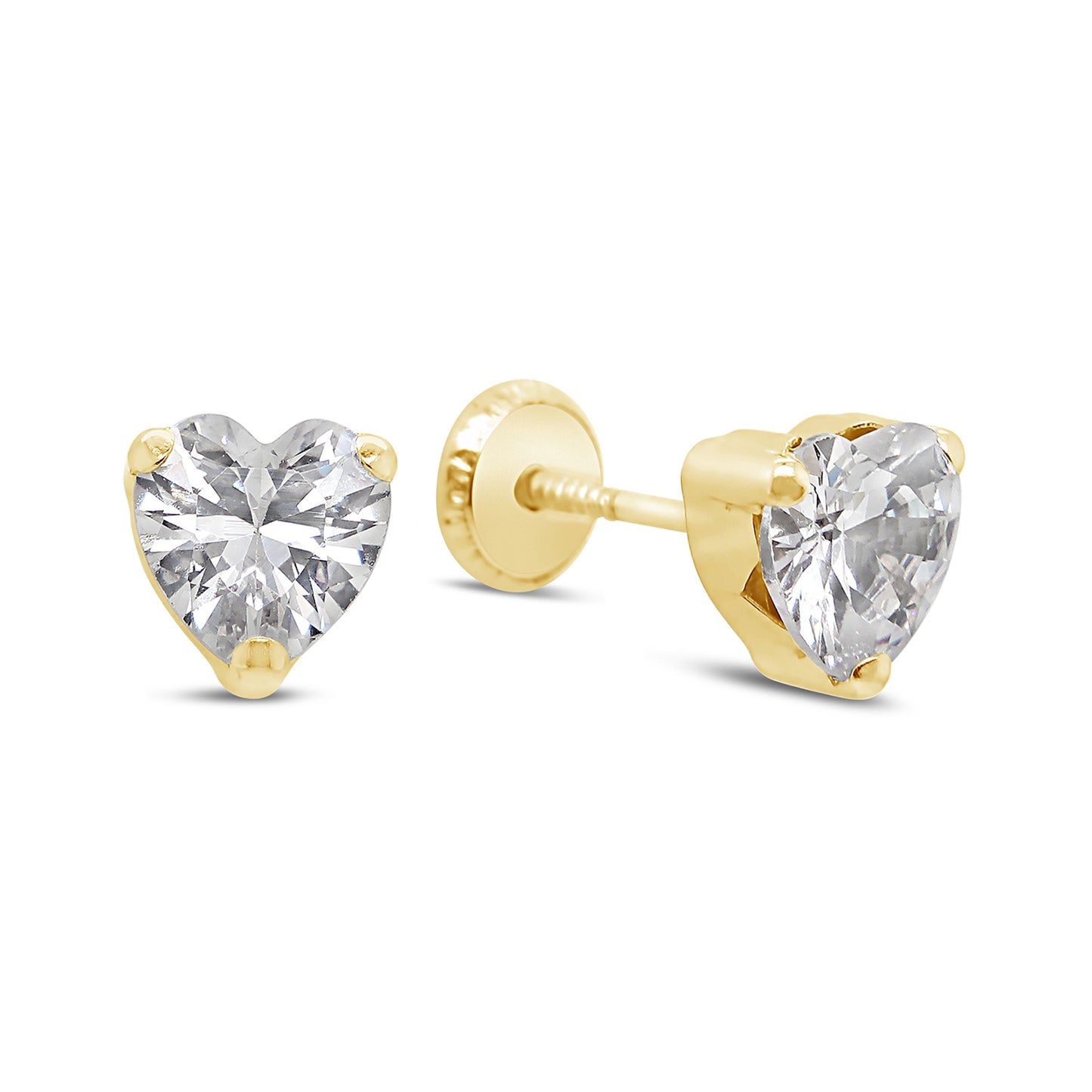14K Yellow Gold Medium White Heart CZ Prong-Set Stud Screwback Earrings