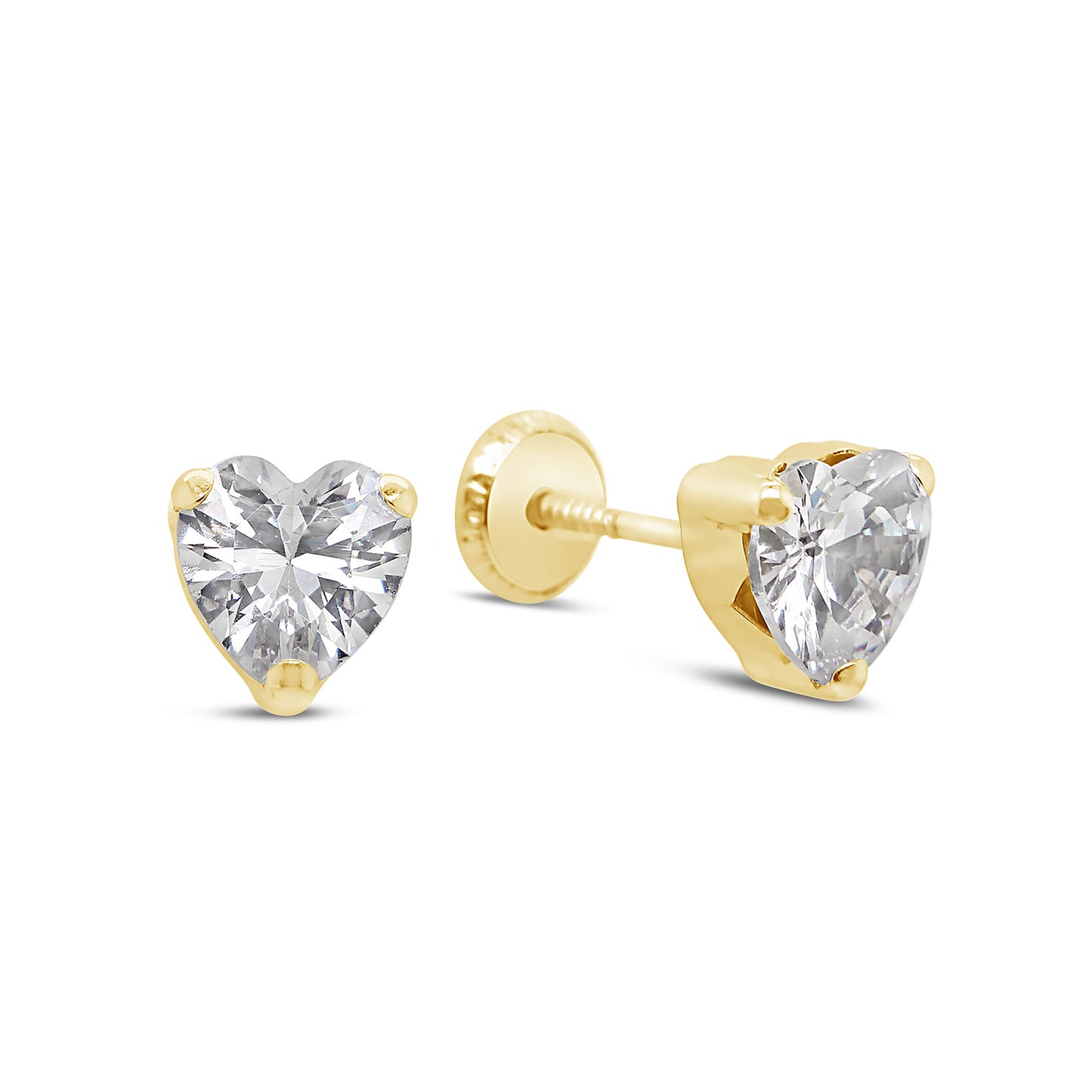 14K Yellow Gold Small White Heart CZ Prong-Set Stud Screwback Earrings