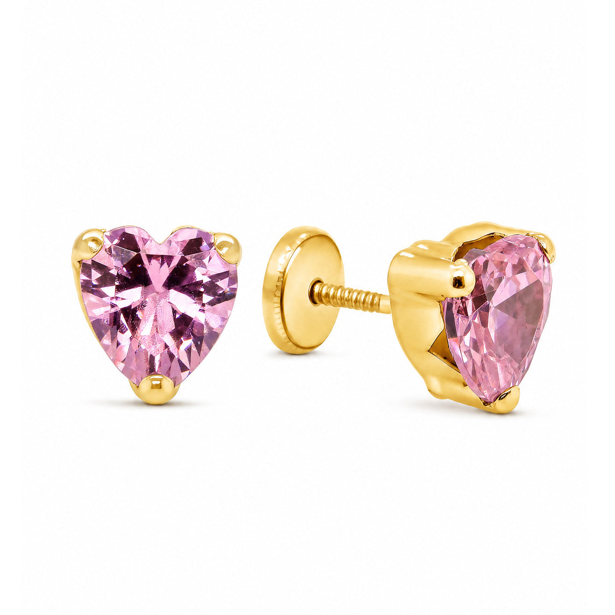 14K Yellow Gold Extra Large Pink Heart CZ Prong-Set Stud Screwback Earrings