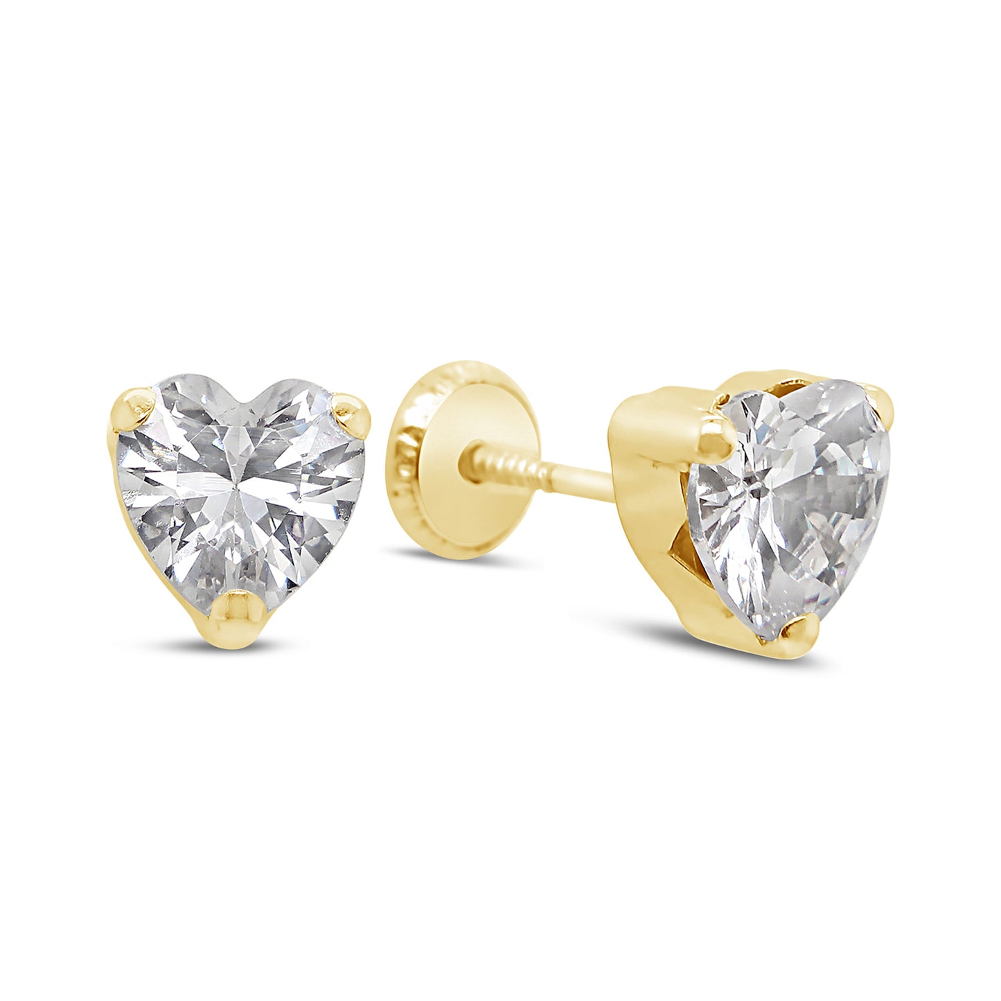 14K Yellow Gold Extra Large White Heart CZ Prong-Set Stud Screwback Earrings