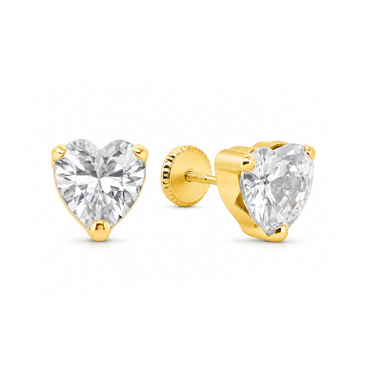 14K Yellow Gold Extra Large White Heart CZ Prong-Set Stud Screwback Earrings