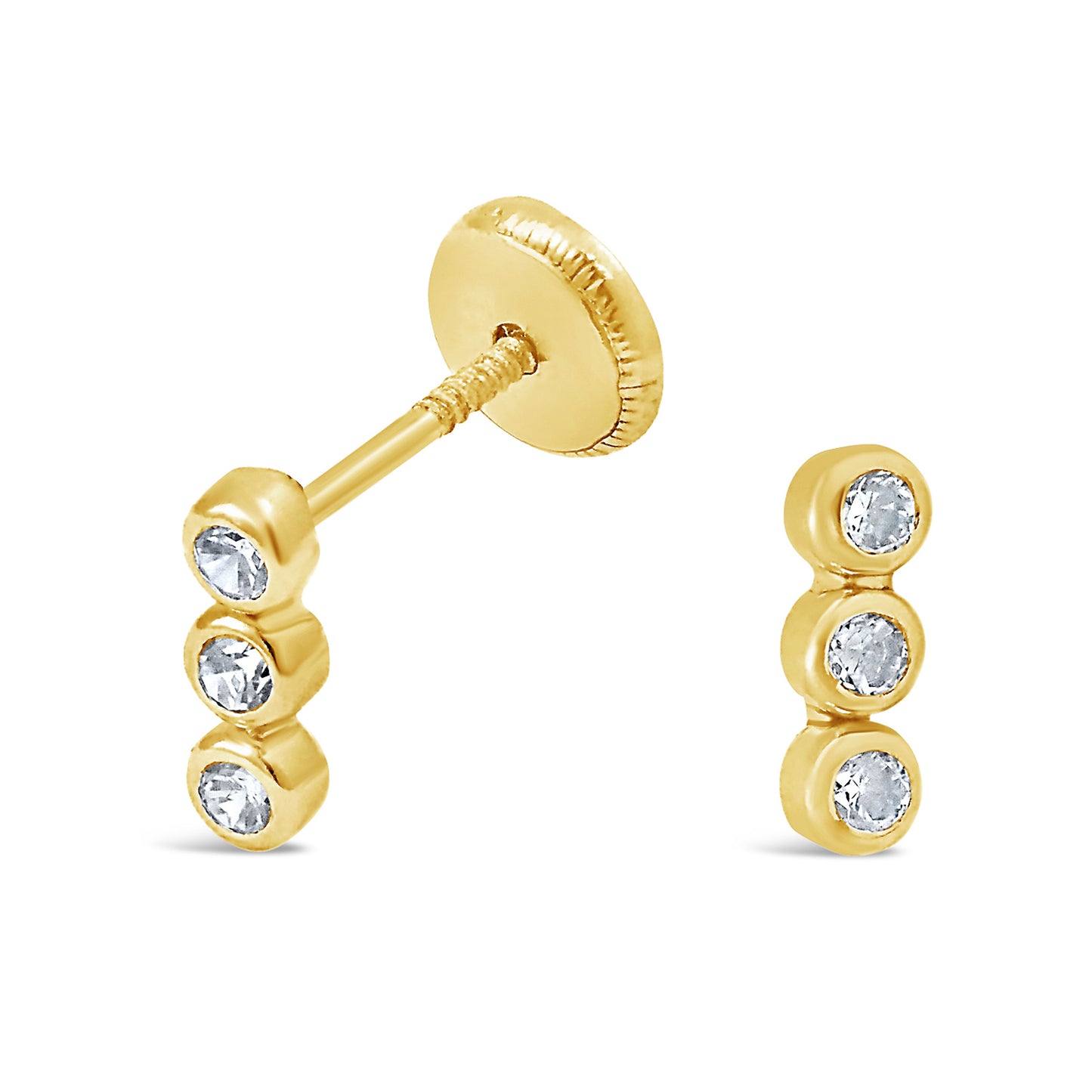 14K Yellow Gold Large 3-CZ Bar Bezel Stud Screwback Earrings