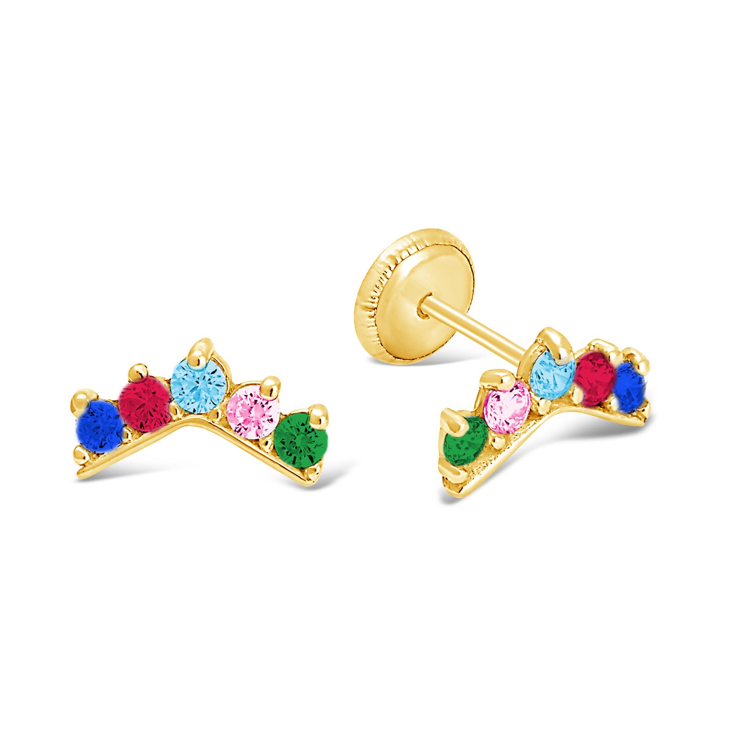 14K Yellow Gold Multicolor CZ Crown Stud Screwback Earrings
