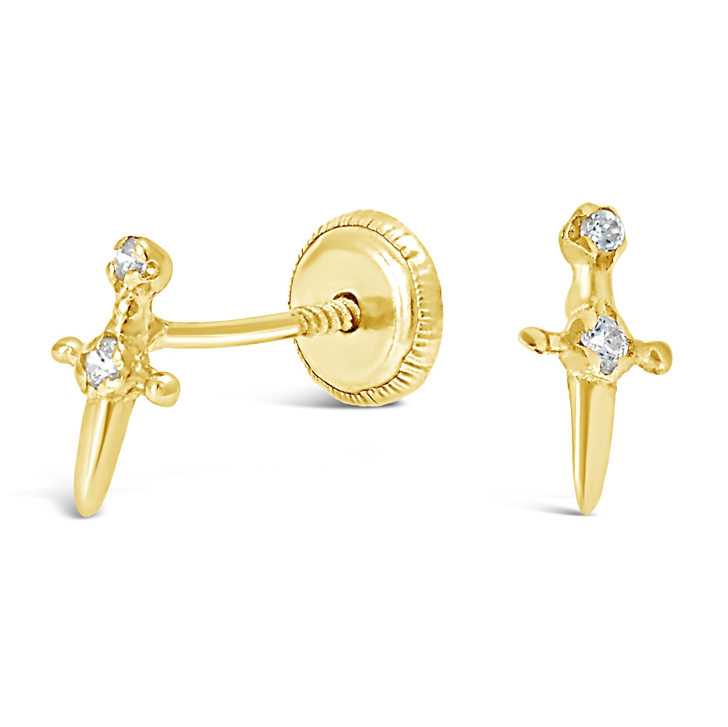 14K Yellow Gold Sword With Round CZ Screwback Earrings