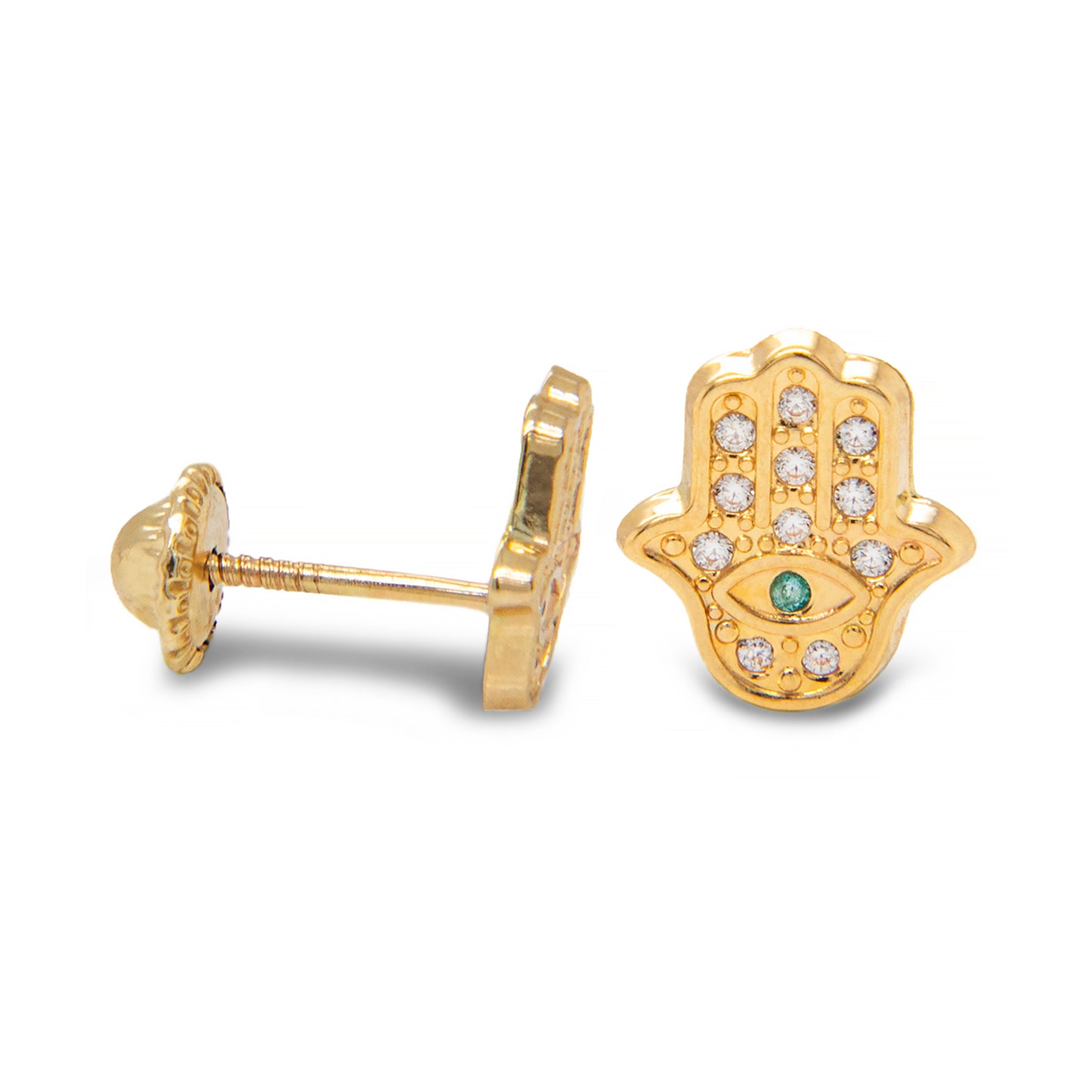 14K Yellow Gold Radiant Pave CZ Hamsa Evil Eye Stud Screwback Earrings