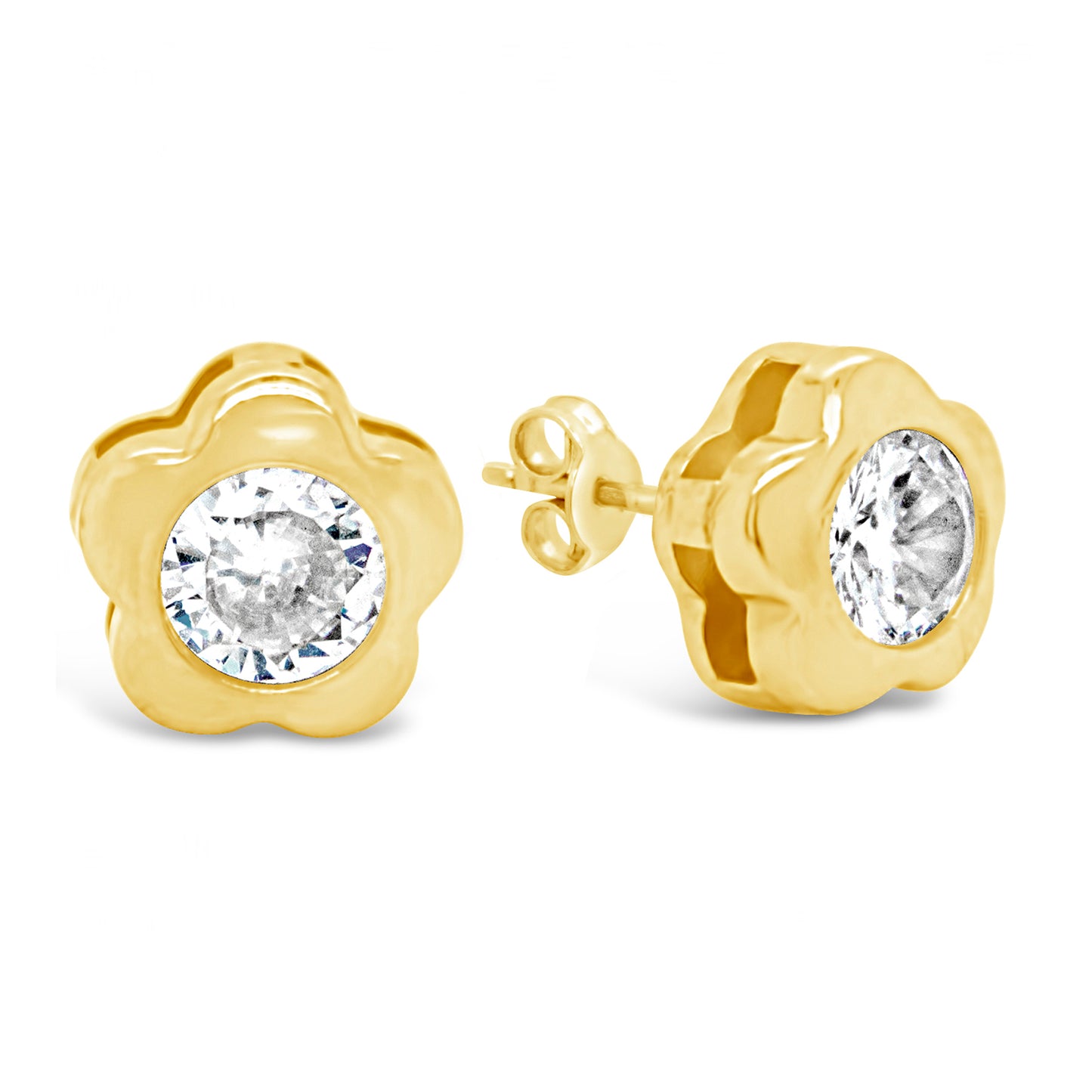 14K Yellow Gold Large Round CZ Petal-Frame Stud Screwback Earrings